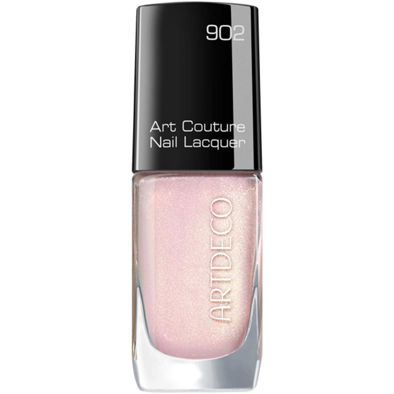 Nagellackflasche mit schwarzem Deckel. Aufschrift: Art Couture Nail Lacquer, ARTDECO. Farbton 902, perlmuttfarben.
