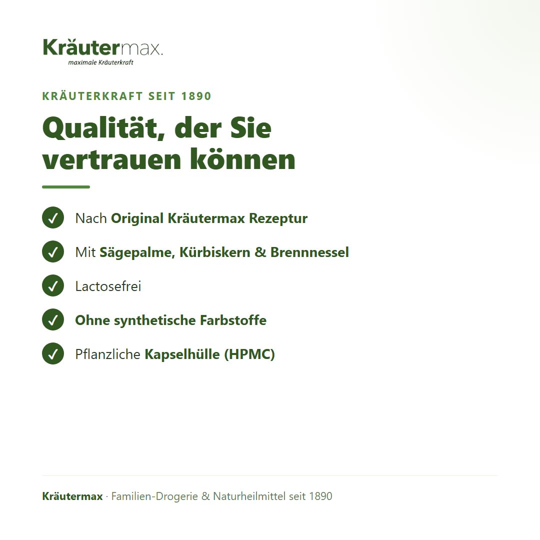 Kräutermax: Qualität, Rezeptur, Inhaltsstoffe wie Sägepalme, Kürbiskern, Brennnessel.