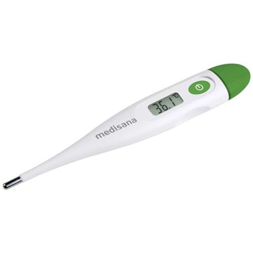 Weißes Fieberthermometer mit grünem Ende und Knopf. Digitalanzeige mit Temperatur. Marke: medisana.