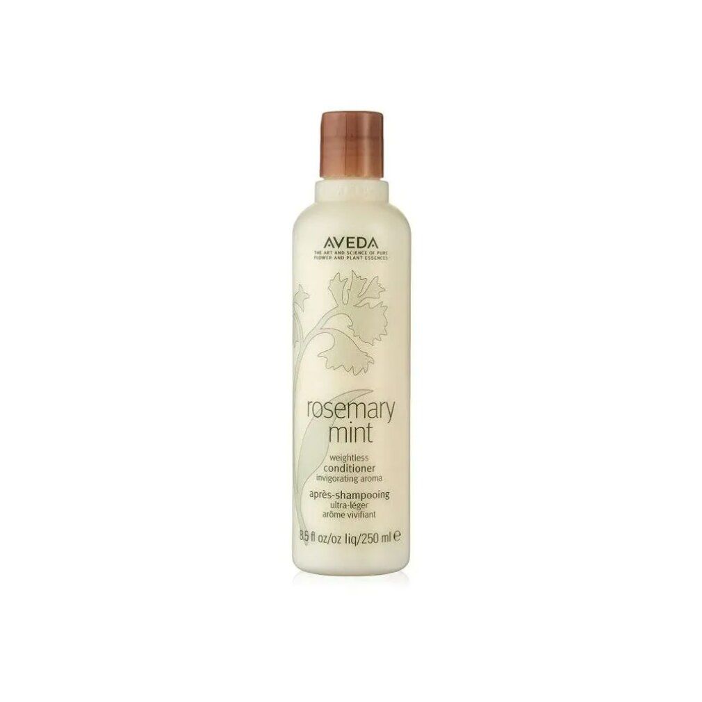 Aveda-Conditioner. Flasche mit braunem Deckel. Aufschrift: Rosemary Mint, ultra-leicht. 250 ml.
