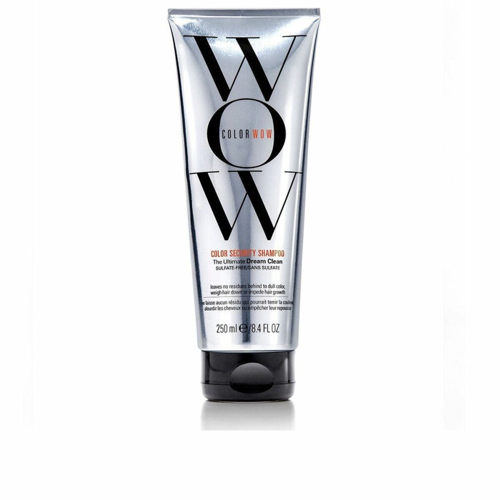 Silberne Tube mit schwarzem Deckel. Aufschrift: WOW, Color Security Shampoo. Text: 250ml/8.4 fl oz.