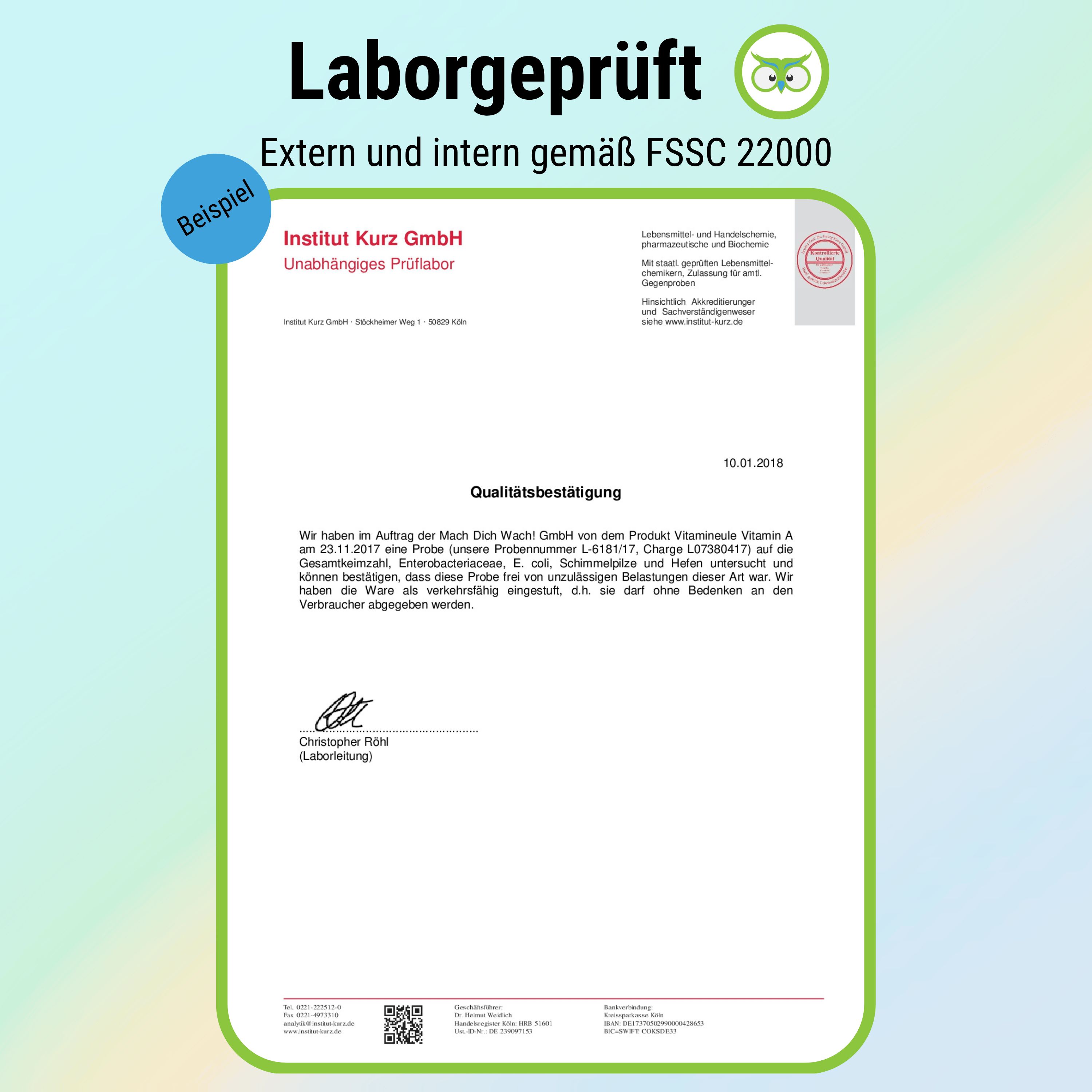 Laborgeprüft-Zertifikat. Institut Kurz GmbH. Unabhängiges Prüflabor. FSSC 22000. Qualitätsbestätigung.