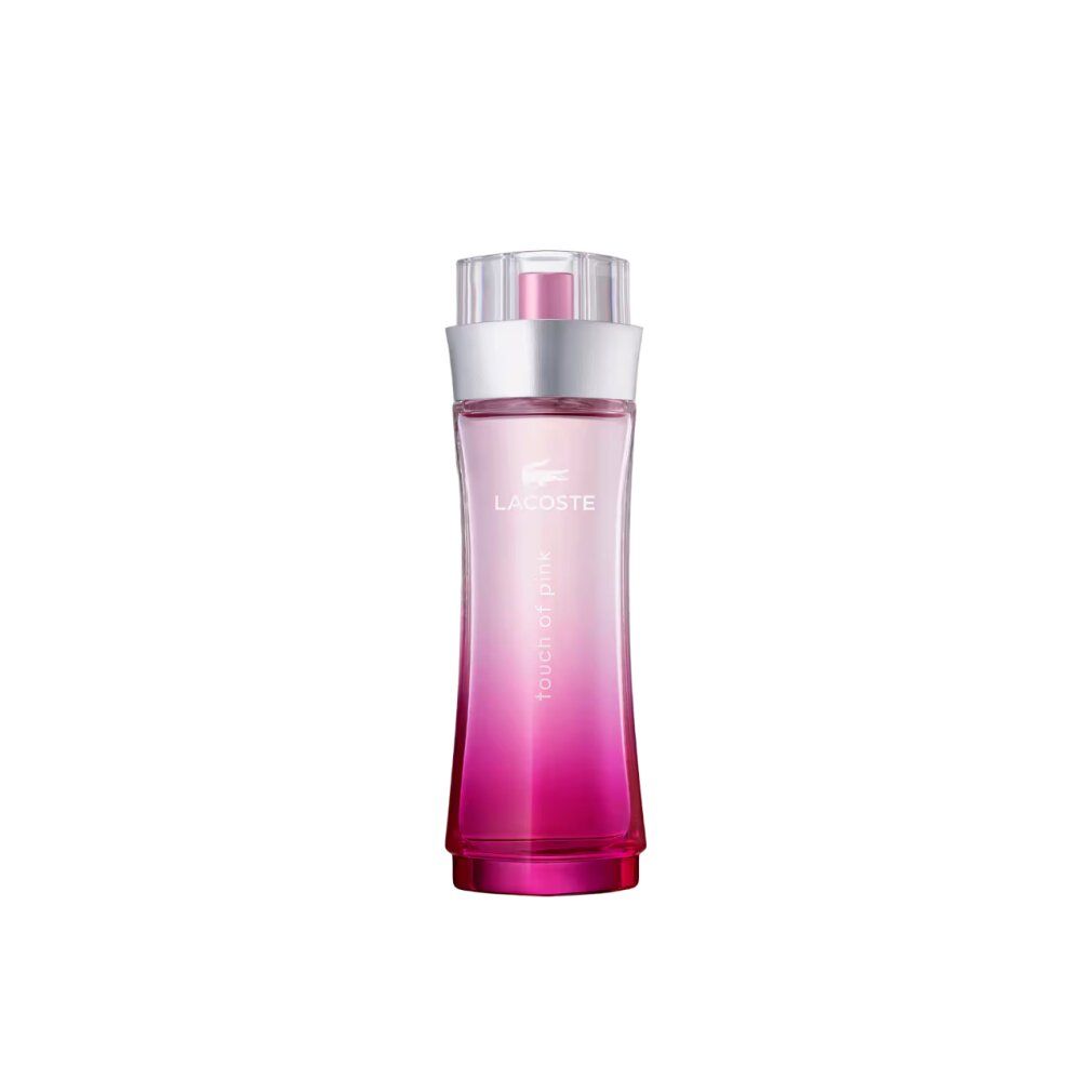 Lacoste Eau de Parfum Flakon mit silbernem Ring und pinkem Farbverlauf.
