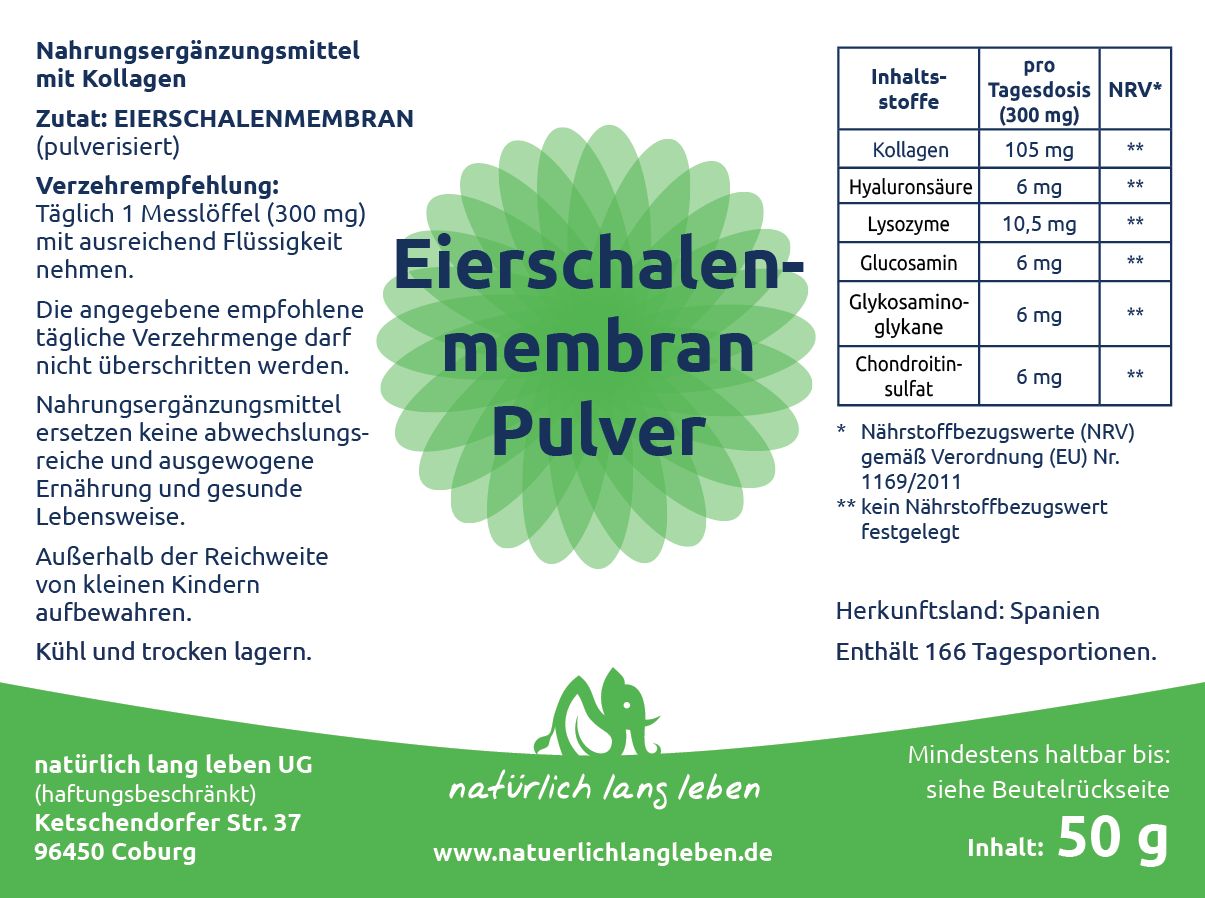 Nahrungsergänzungsmittel mit Kollagen, Eierschalenmembran Pulver, 50g.