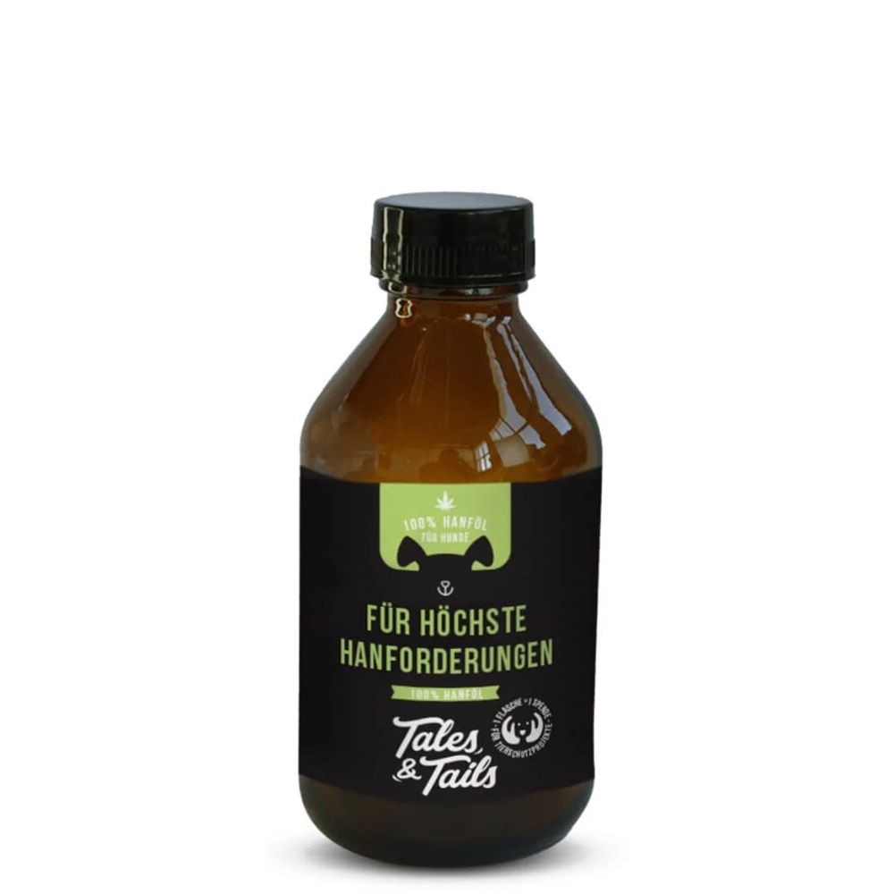Braune Glasflasche mit schwarzem Deckel und Etikett. Auf dem Etikett steht "Für höchste Hanforderungen" und "Tales & Tails".