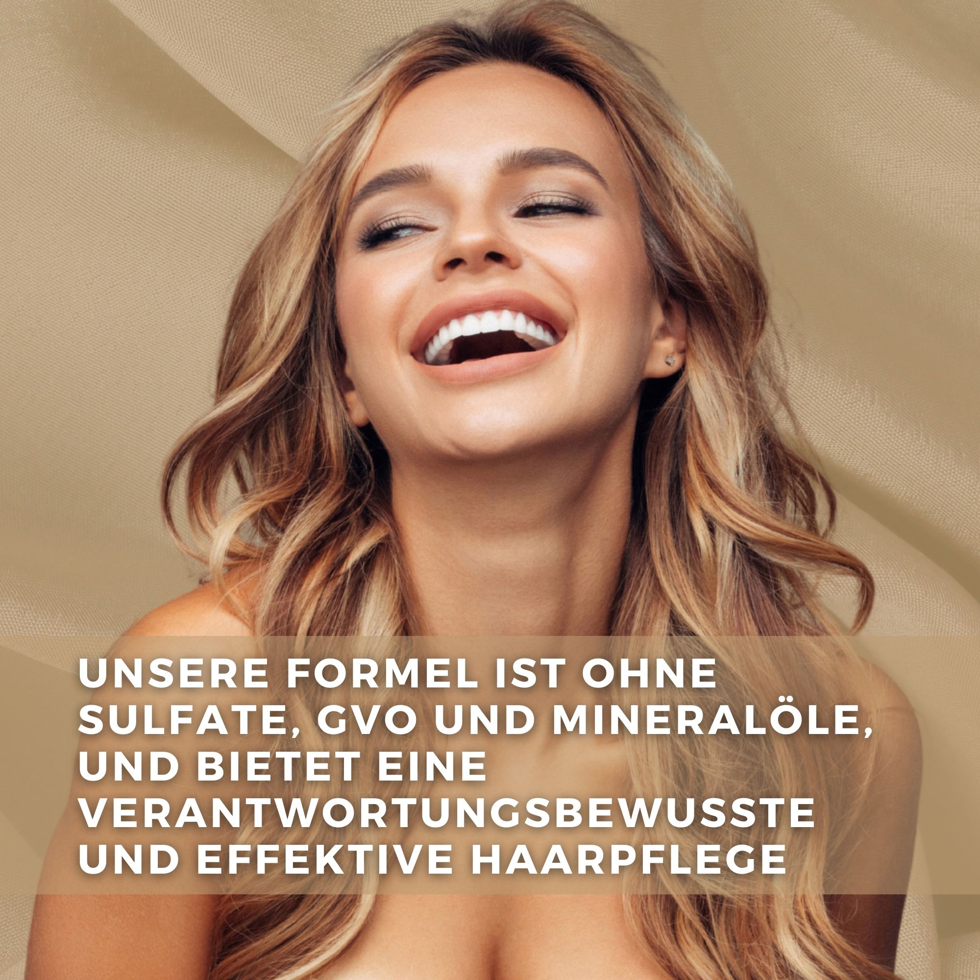 Lächelnde Frau mit blonden Haaren. Text: Unsere Formel ist ohne Sulfate, GVO und Mineralöle.