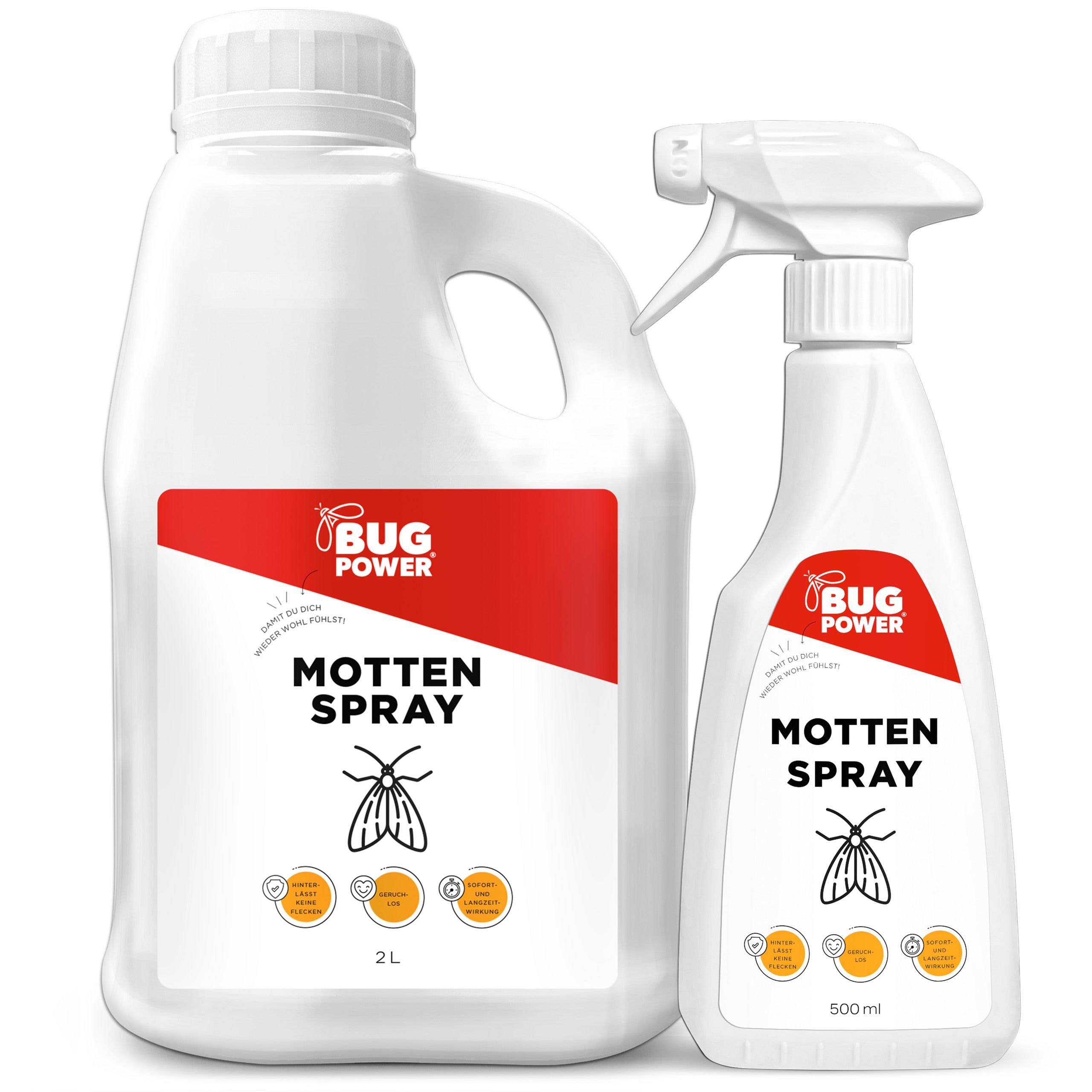 Zwei weiße Flaschen mit rotem Etikett. Auf dem Etikett steht "BUG POWER MOTTEN SPRAY". Eine Flasche hat einen Sprühkopf, die andere einen Schraubverschluss.