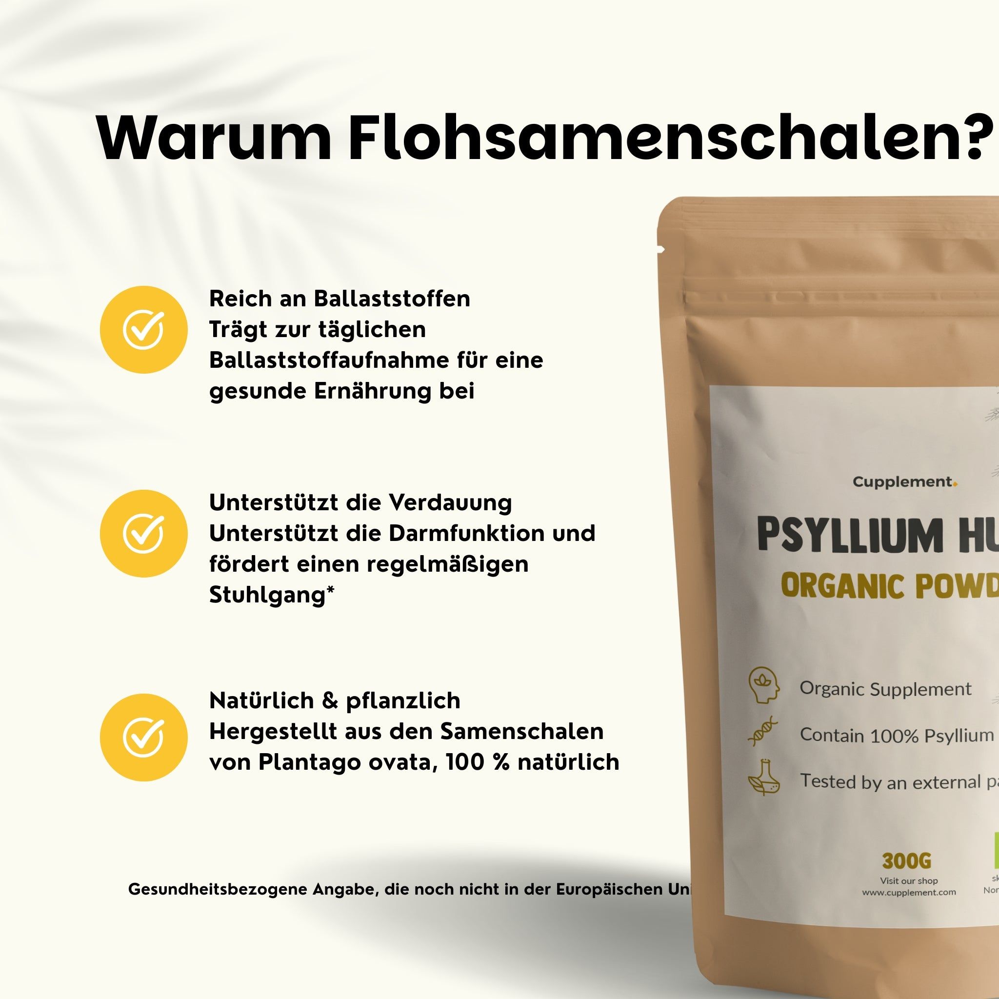 Text mit Beutel. Text: Warum Flohsamenschalen?, reich an Ballaststoffen, unterstützt die Verdauung.