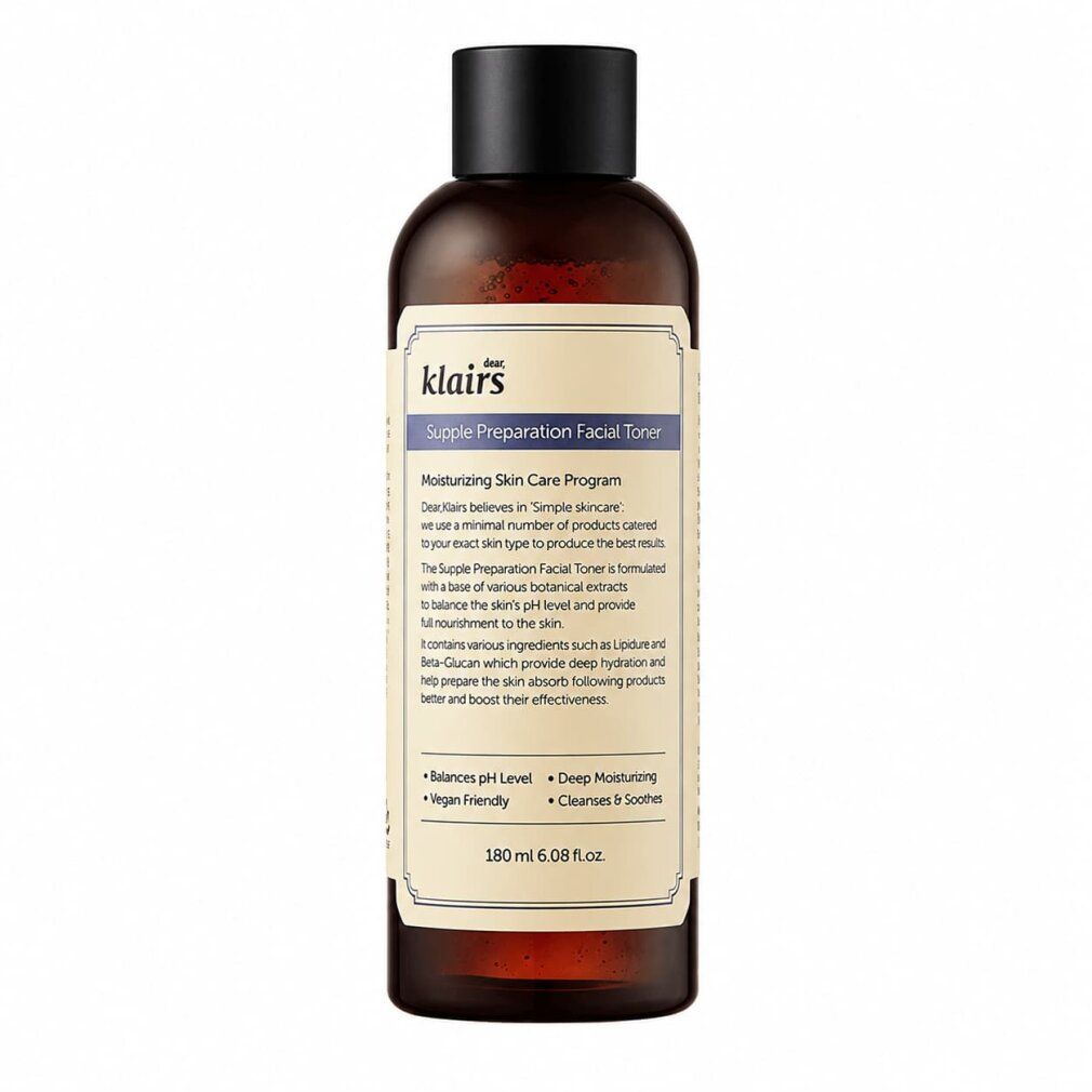 Braune Glasflasche mit hellem Etikett, Dear Klairs Supple Preparation Facial Toner, 180ml.