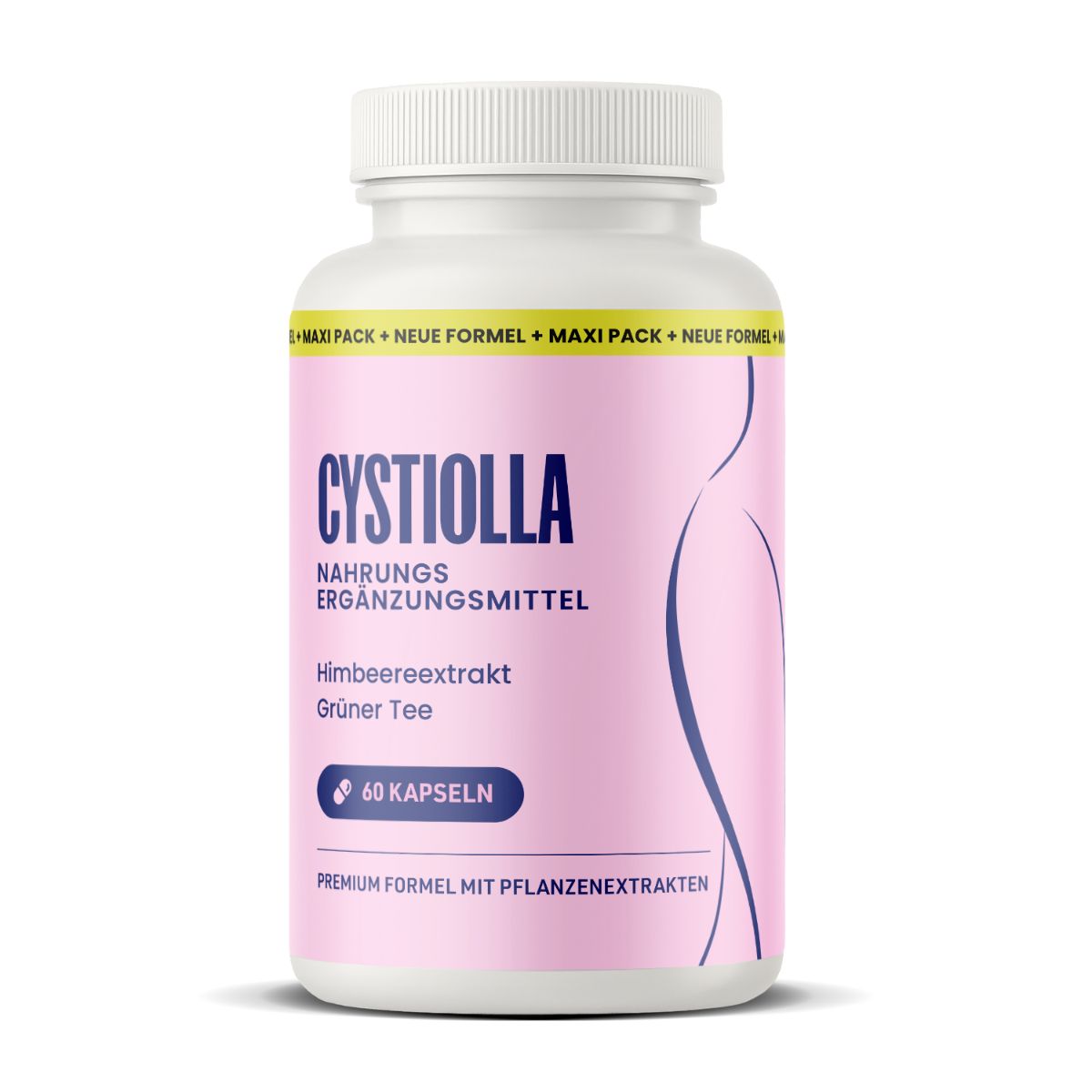 Weiße Flasche mit rosa Etikett. Aufschrift: Cystiolla, Nahrungsergänzungsmittel, Himbeerextrakt, Grüner Tee, 60 Kapseln.
