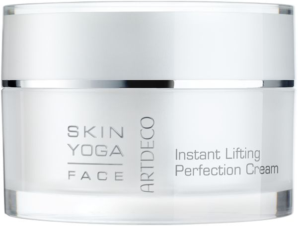 Creme-Tiegel mit weißem Deckel und silbernem Rand. Aufschrift: Skin Yoga Face, Artdeco, Instant Lifting Perfection Cream.