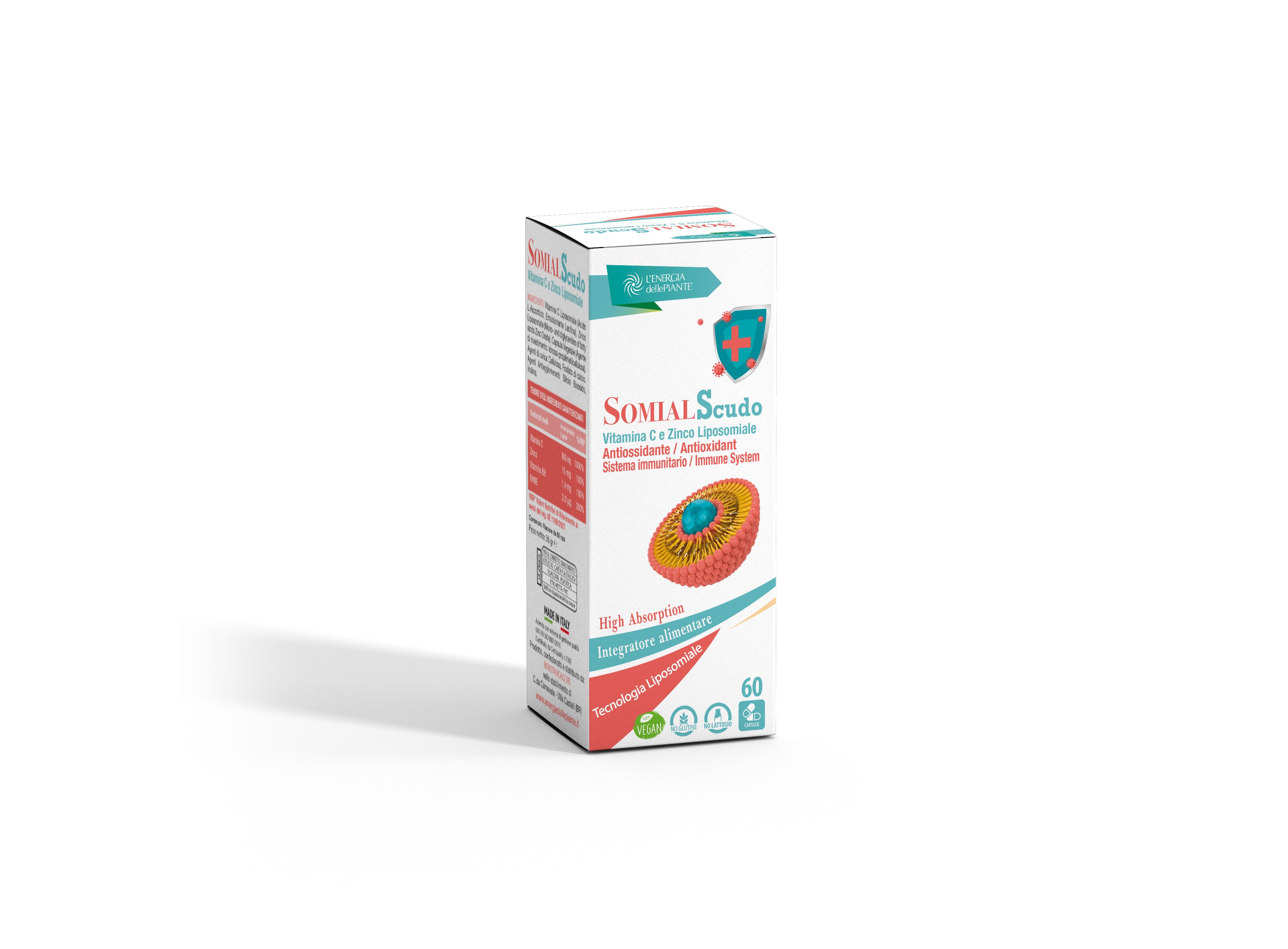 Kartonverpackung mit Produktaufdruck. Aufschrift: Somial Scudo, Vitamin C, liposomales Zink, Antioxidantien. 60 Kapseln.