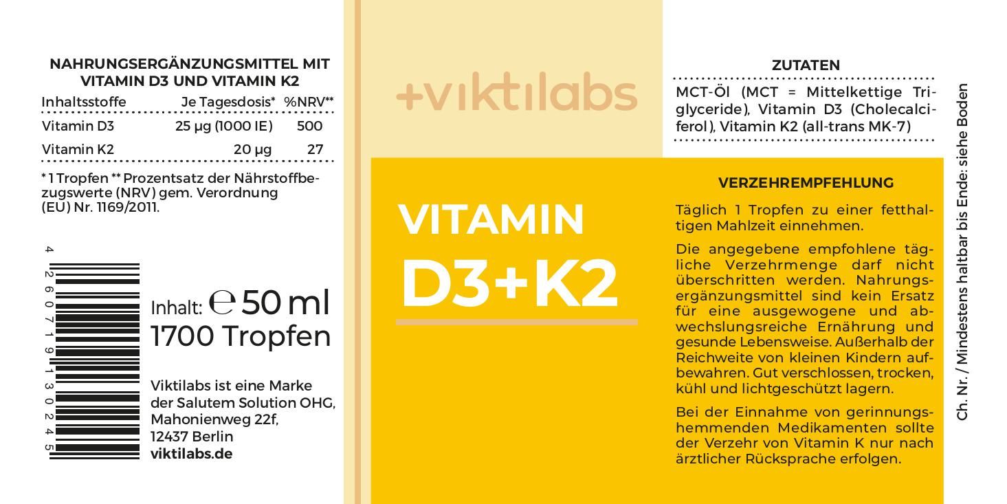 Nahaufnahme des Etiketts einer Vitamin D3+K2 Flasche. Gelbes Etikett mit Text und Barcode. "Viktilabs"-Logo.