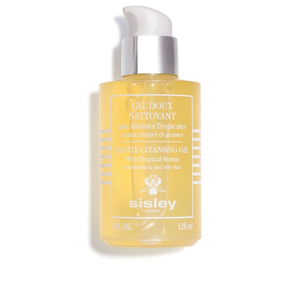 Gel Doux Nettoyant, gel reinigend, mit Pumpe. Gelbe Flüssigkeit in einer Flasche mit weißem Aufdruck. Sisley-Logo.