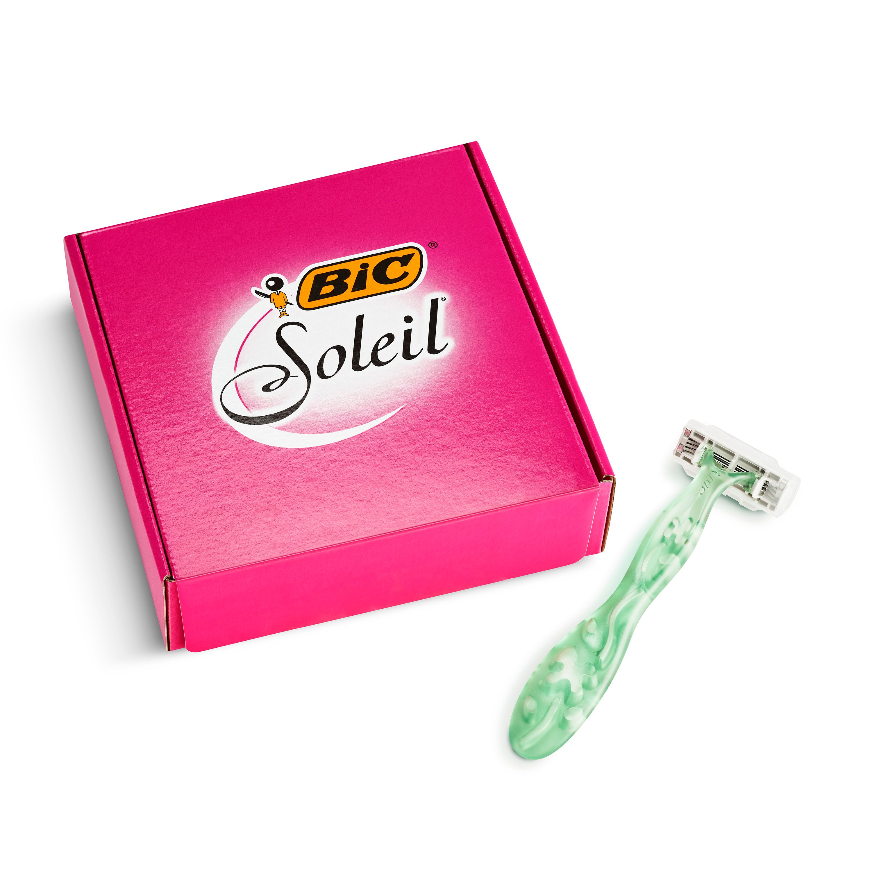 Pinke Kartonverpackung mit BIC Soleil Logo und Rasierer. Verpackung geöffnet.