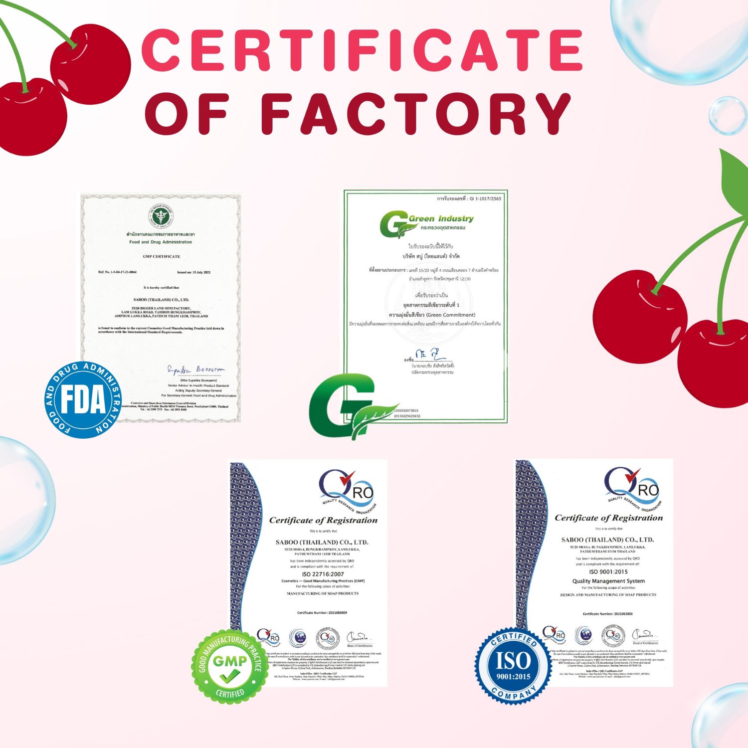 Zertifikate von Fabriken. Logos: FDA, G, QRO, GMP, ISO. Kirschen und Seifenblasen im Hintergrund.