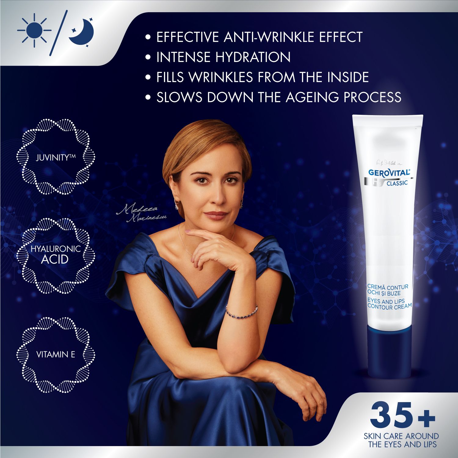 Gerovital Augen- & Lippenkontur Creme. Produktmerkmale: Anti-Falten, Hyaluronsäure, Vitamin E.