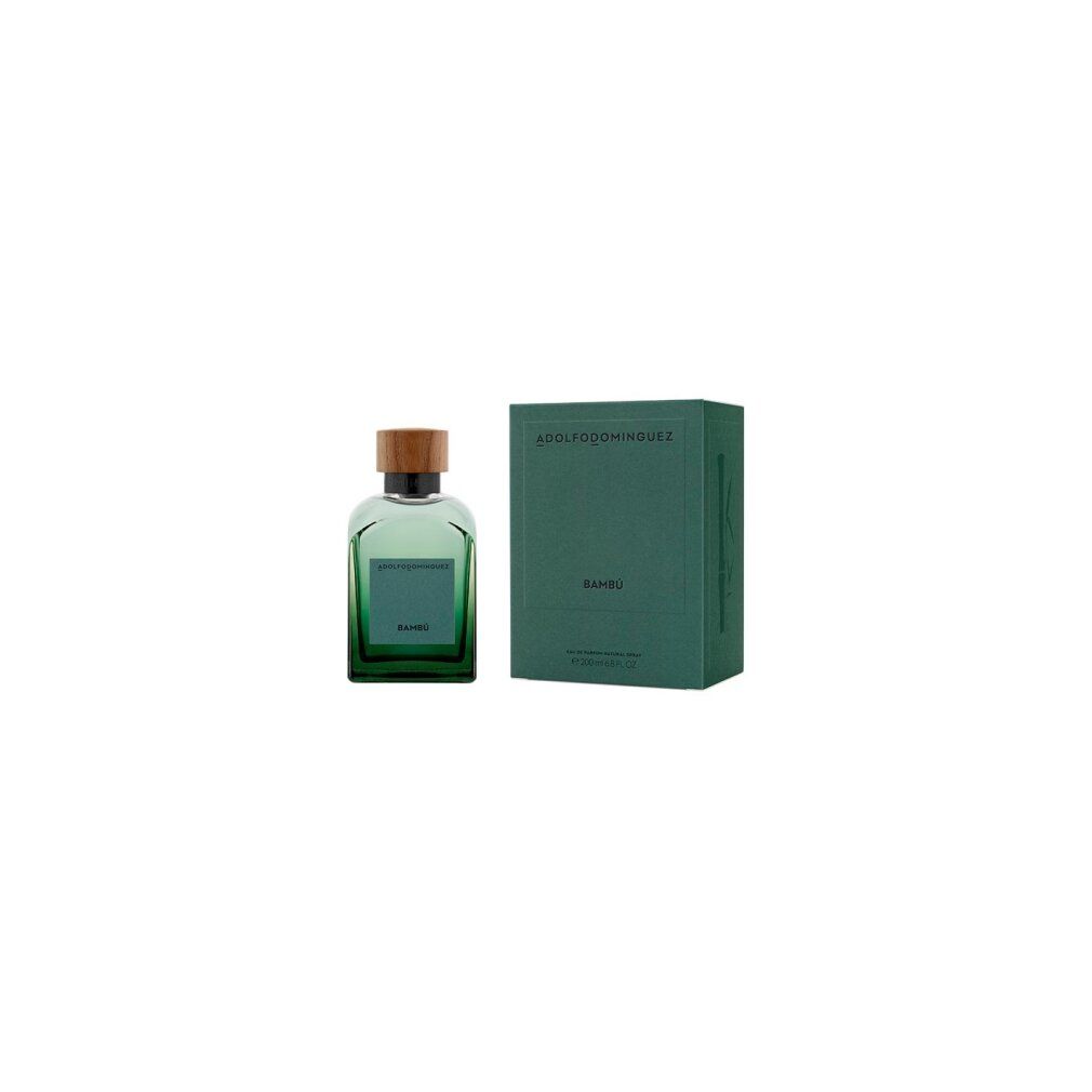 Grünes Glasflakon mit Holzdeckel und grüner Verpackung. Aufschrift "Bambú".