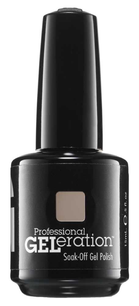 Schwarze Flasche mit beigem Nagellack. Aufschrift: GELeration Soak-Off Gel Polish. 15ml.
