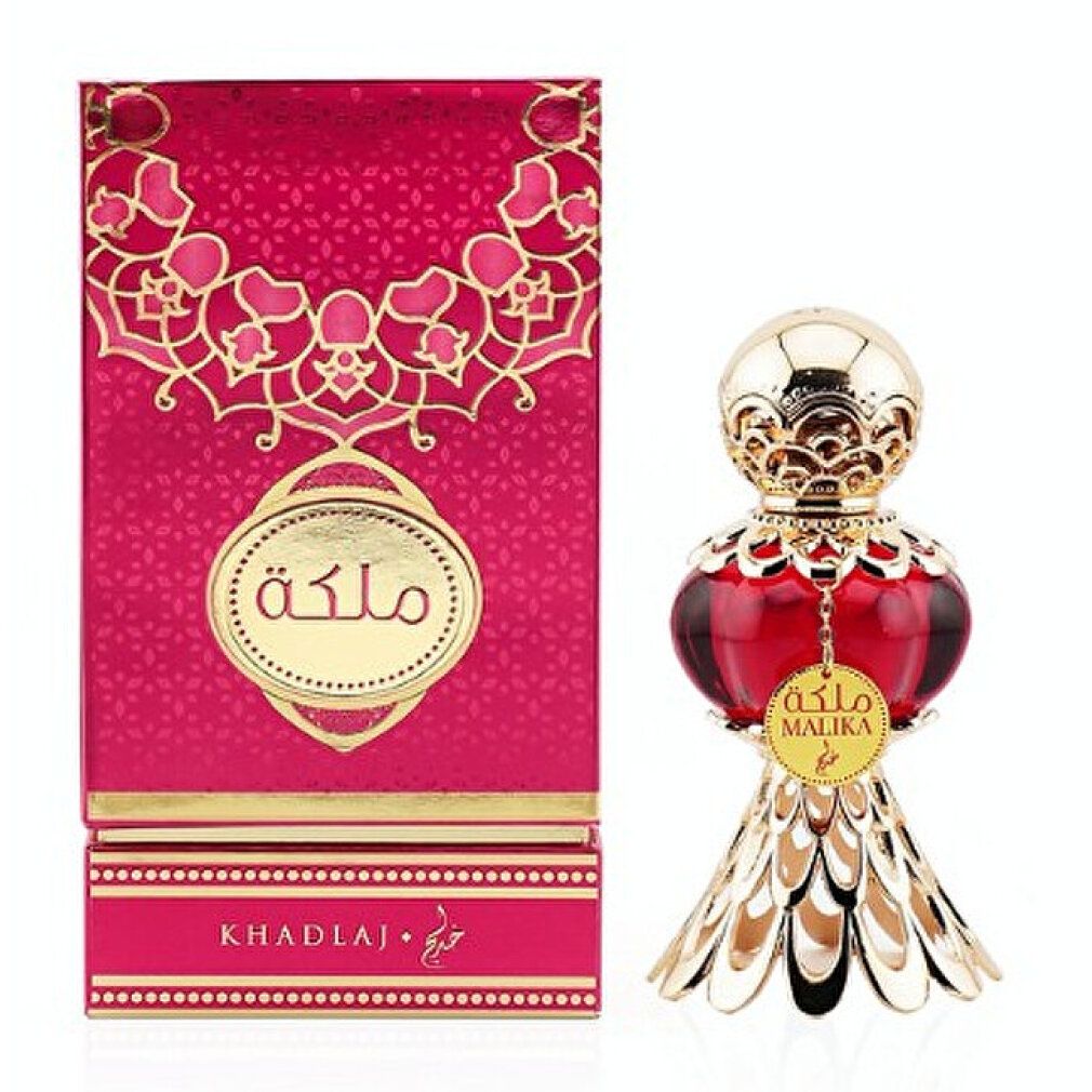 Rote Schachtel und Flakon. Schachtel mit goldenem Muster und MALIKA-Schriftzug. Flakon mit Anhänger MALIKA.