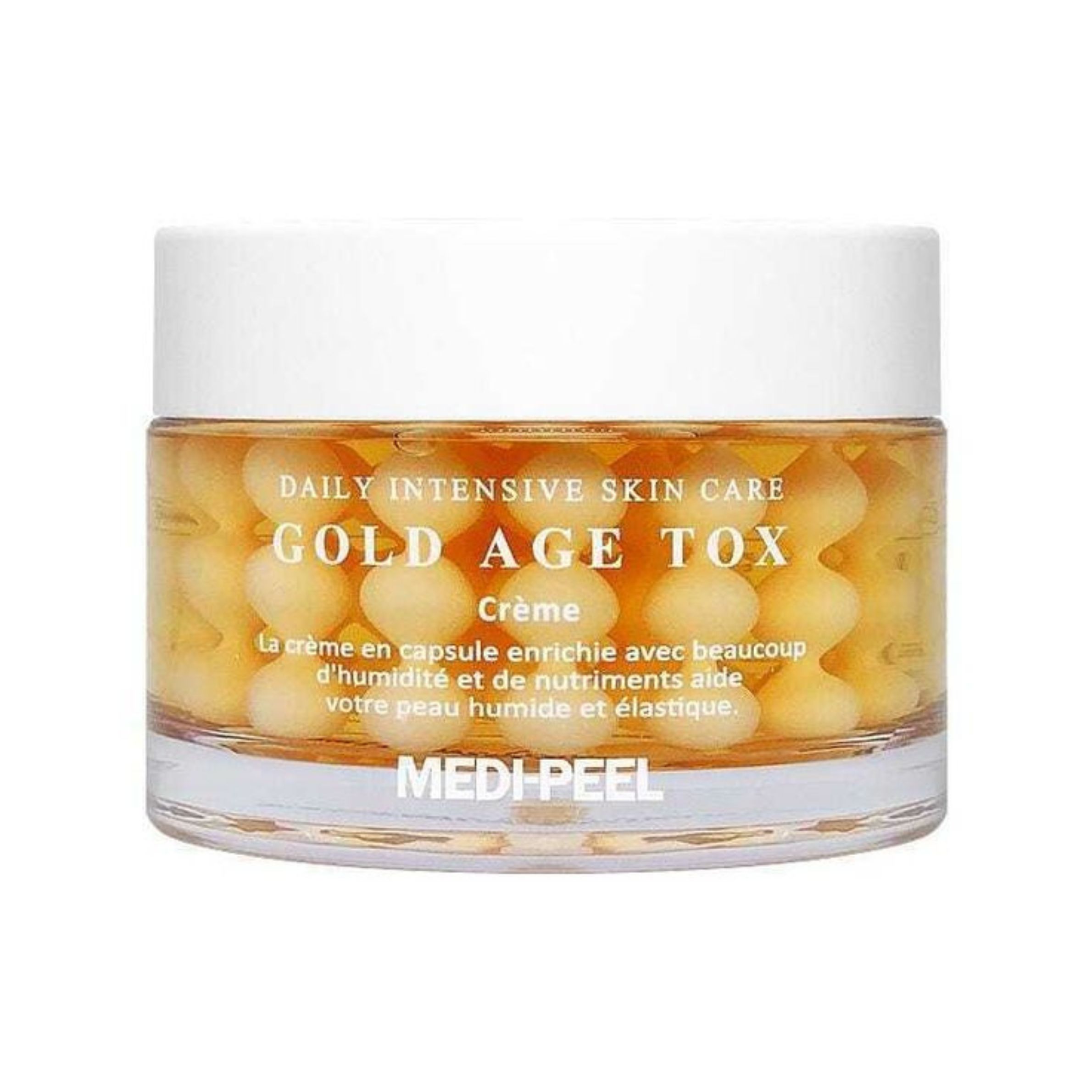 Glasbehälter mit gelben Kügelchen. Aufschrift: Gold Age Tox, Medipeel. Deckel weiß.