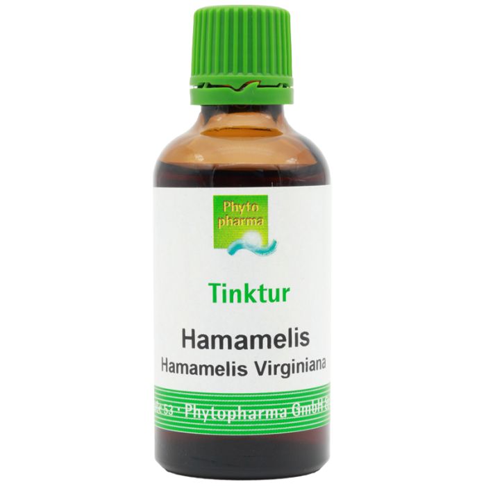 Braune Glasflasche mit grünem Verschluss. Etikett mit Schriftzug: Tinktur Hamamelis. Logo: Phyto pharma.