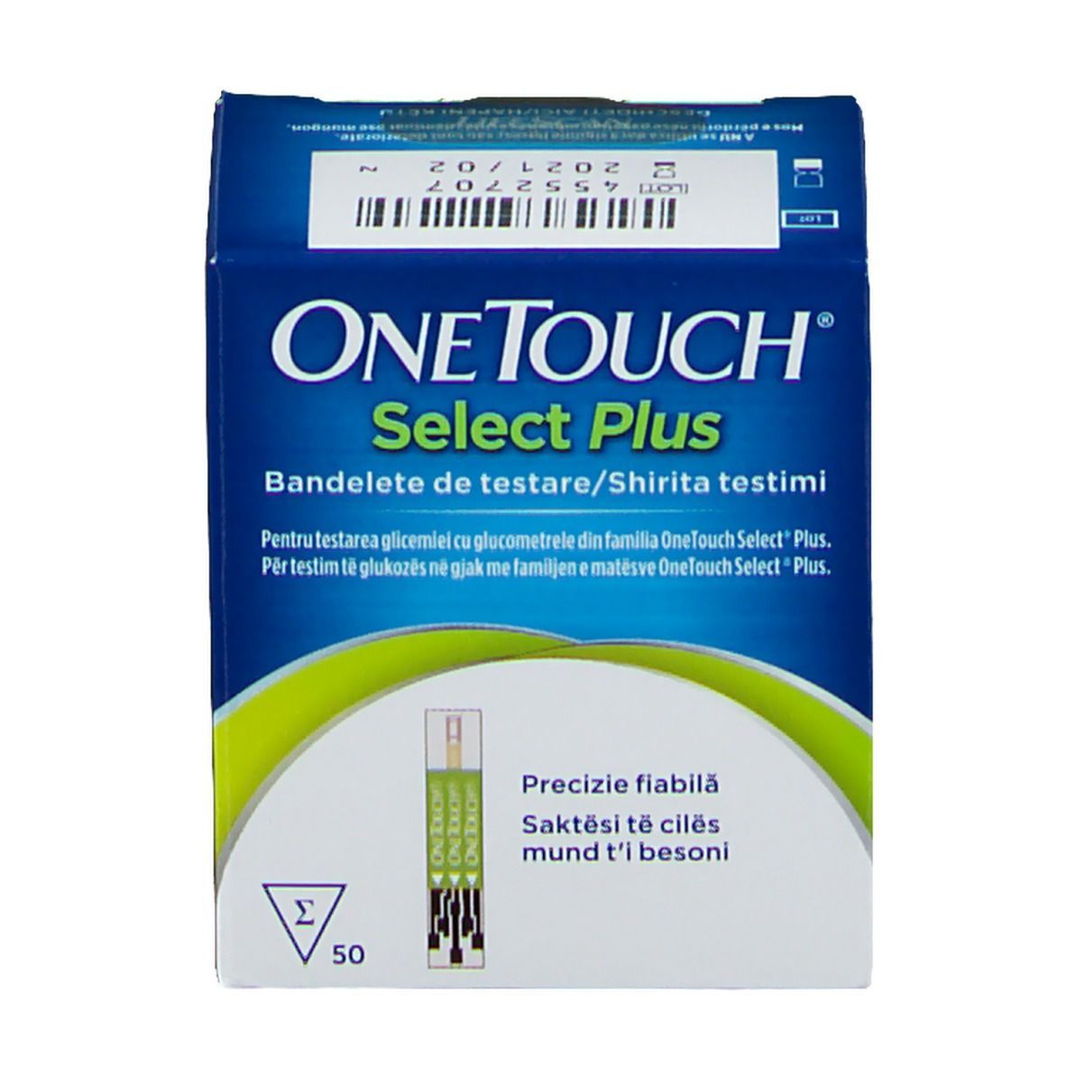 Blau-weiße Schachtel "OneTouch Select Plus" mit Text. Enthält 50 Teststreifen. Mehrsprachige Beschriftung.