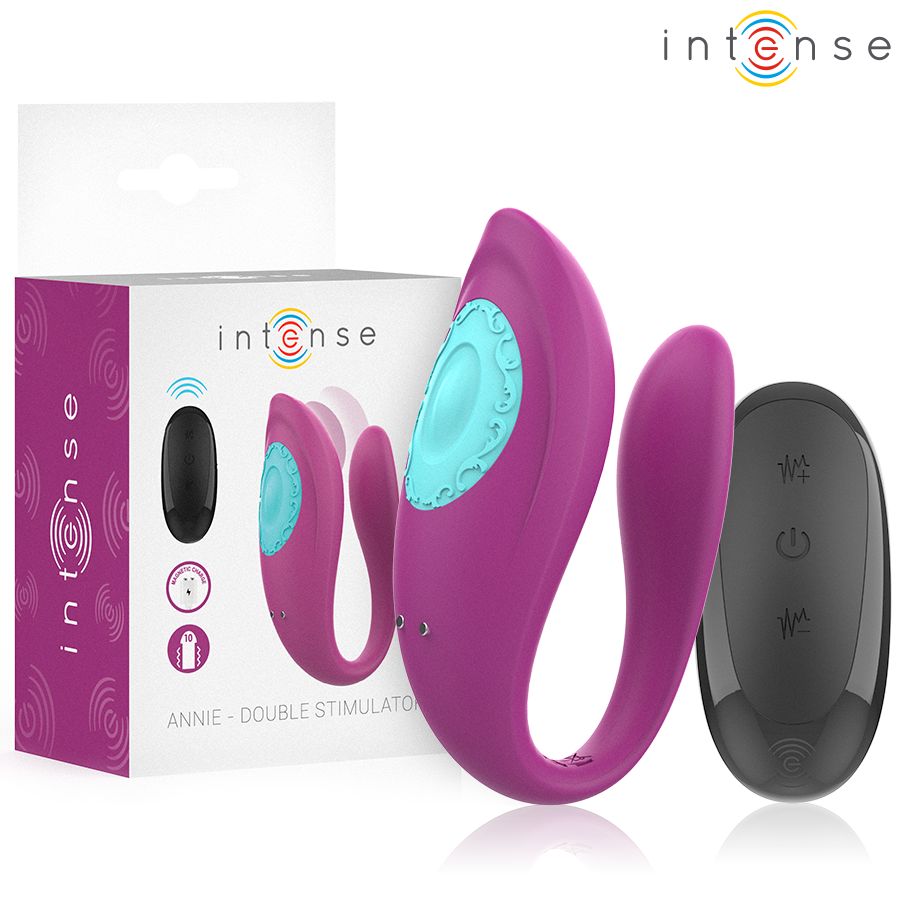U-förmiger Vibrator, lila, mit hellblauem Akzent. Inklusive Fernbedienung und Verpackung mit Produktnamen und Logo.