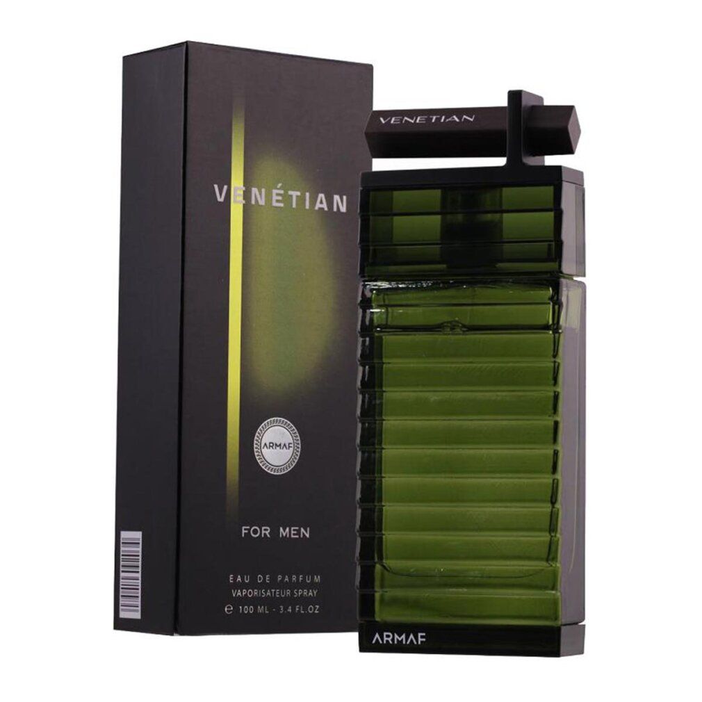 Grüne Glasflasche und schwarze Verpackung. Aufschrift "Venetian" und "Armaf". Flasche mit schwarzem Verschluss. "For Men" und "Eau de Parfum".