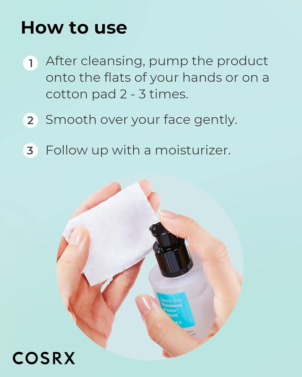 Hände halten Wattepad und Flasche. Produktname und Marke sind sichtbar.