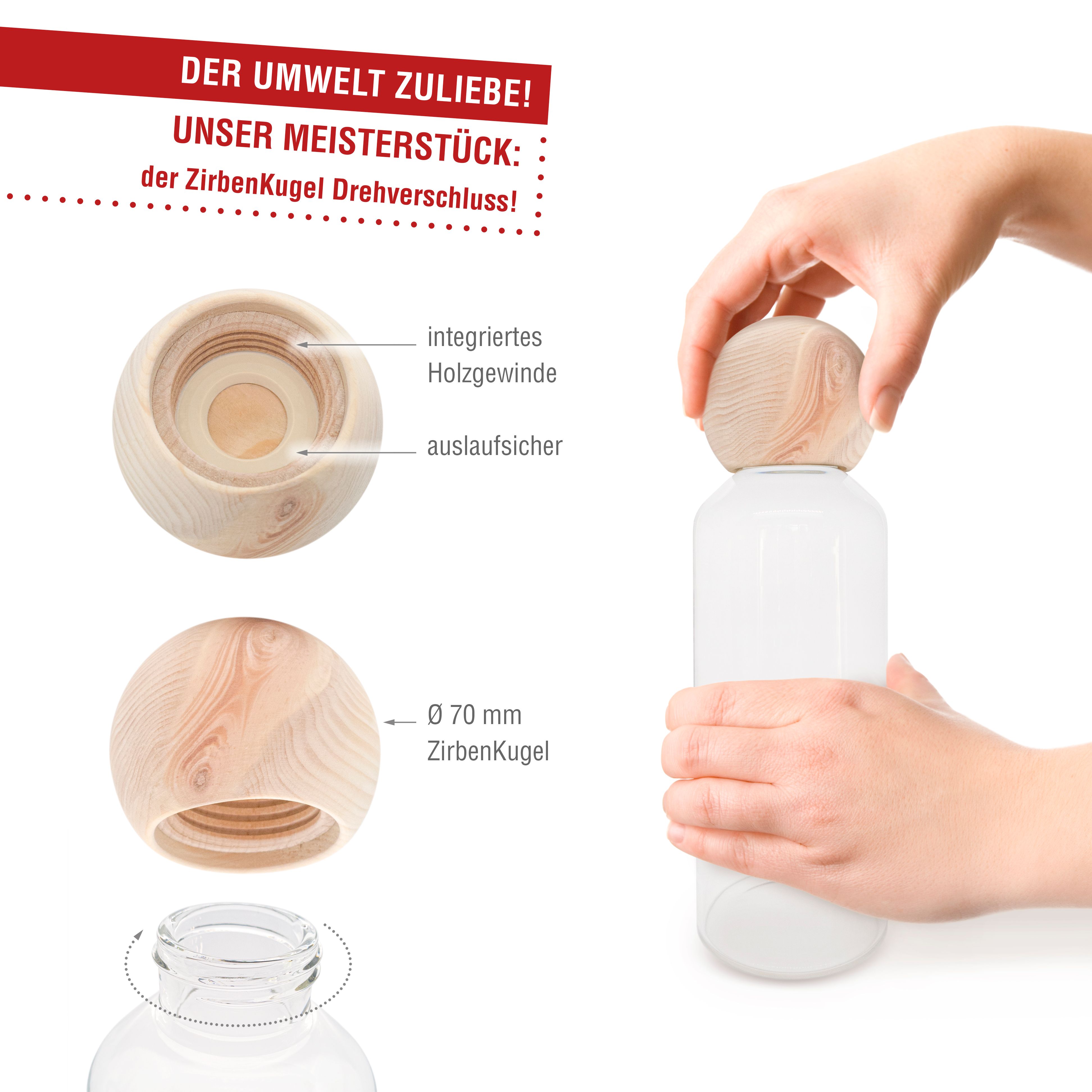 Glasflasche mit Holzkugel-Drehverschluss. Details: Holzgewinde, auslaufsicher. Durchmesser 70 mm.