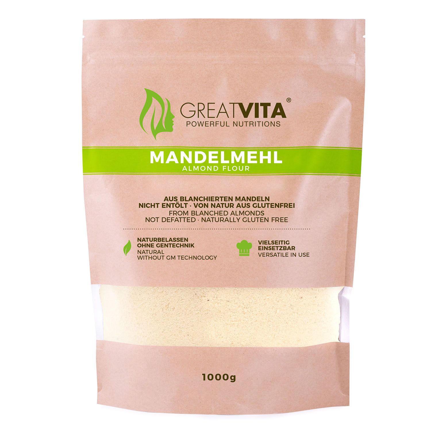 Beutel Mandelmehl. Aufschrift: GREATVITA, MANDELMEHL, 1000g. Aus blanchierten Mandeln, glutenfrei, ohne Gentechnik.