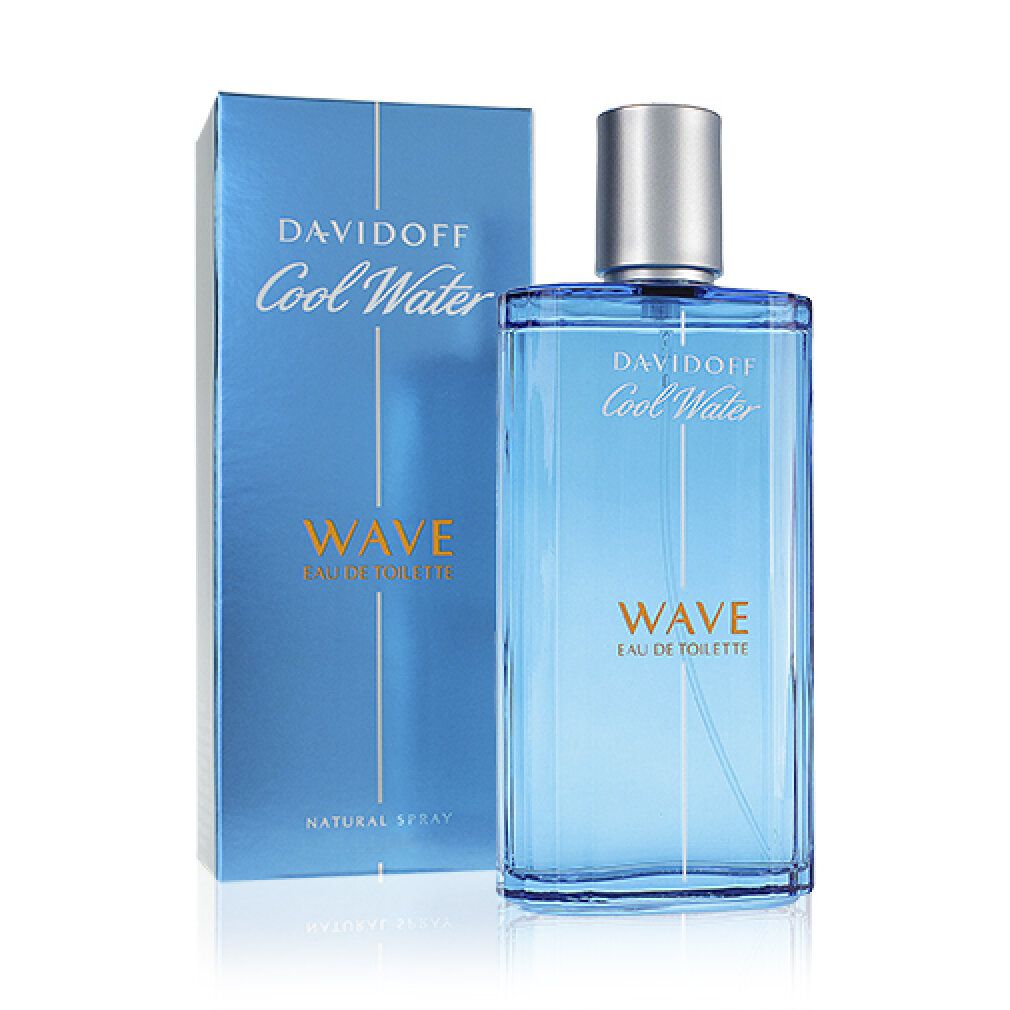Davidoff Cool Water Wave EdT Flakon und Verpackung. Blau, silberner Deckel. Schriftzug: Davidoff Cool Water, Wave Eau de Toilette.