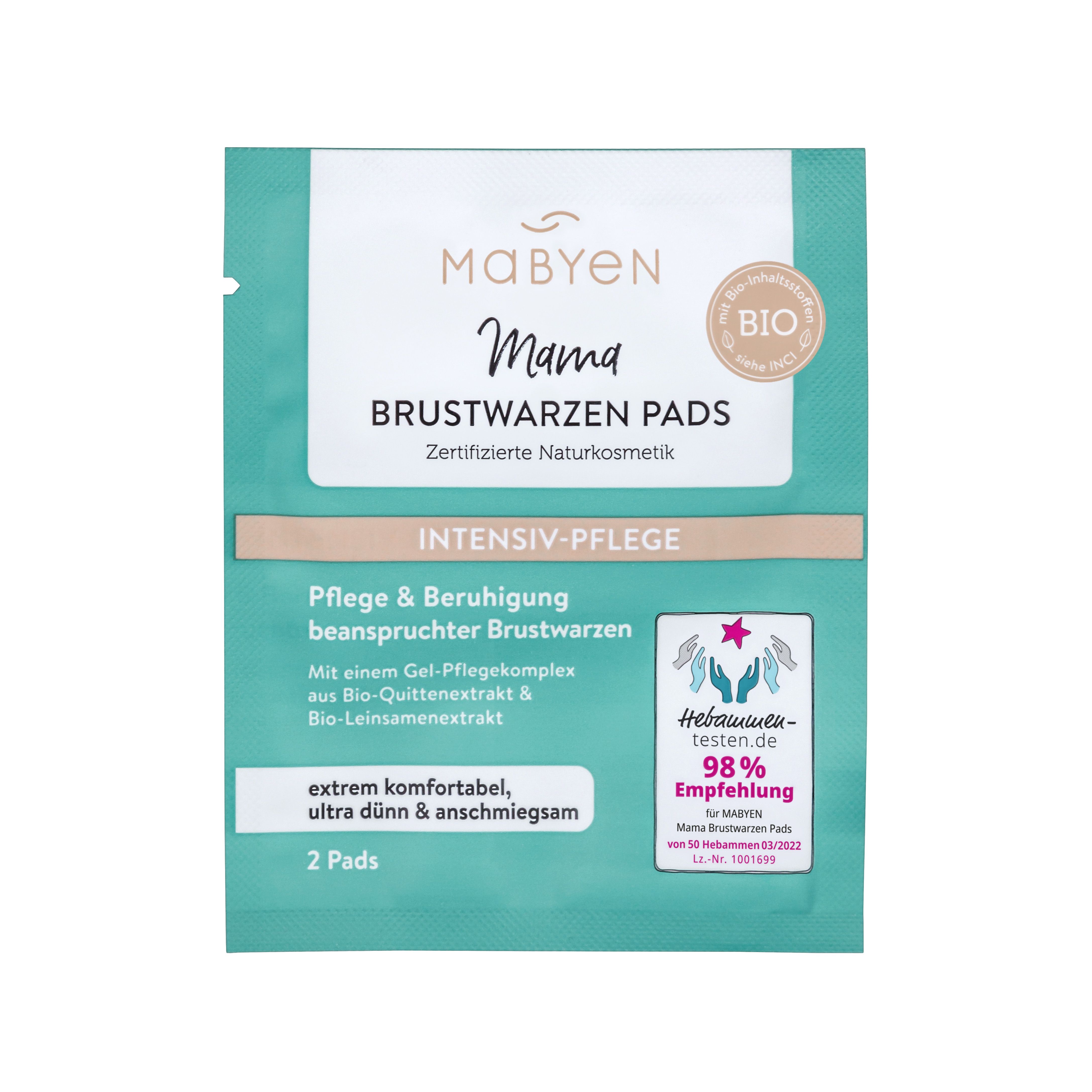 Einzelverpackung MABYEN Mama Brustwarzen Pads. Türkis-weiße Verpackung mit Produktinformationen und 2 Pads.