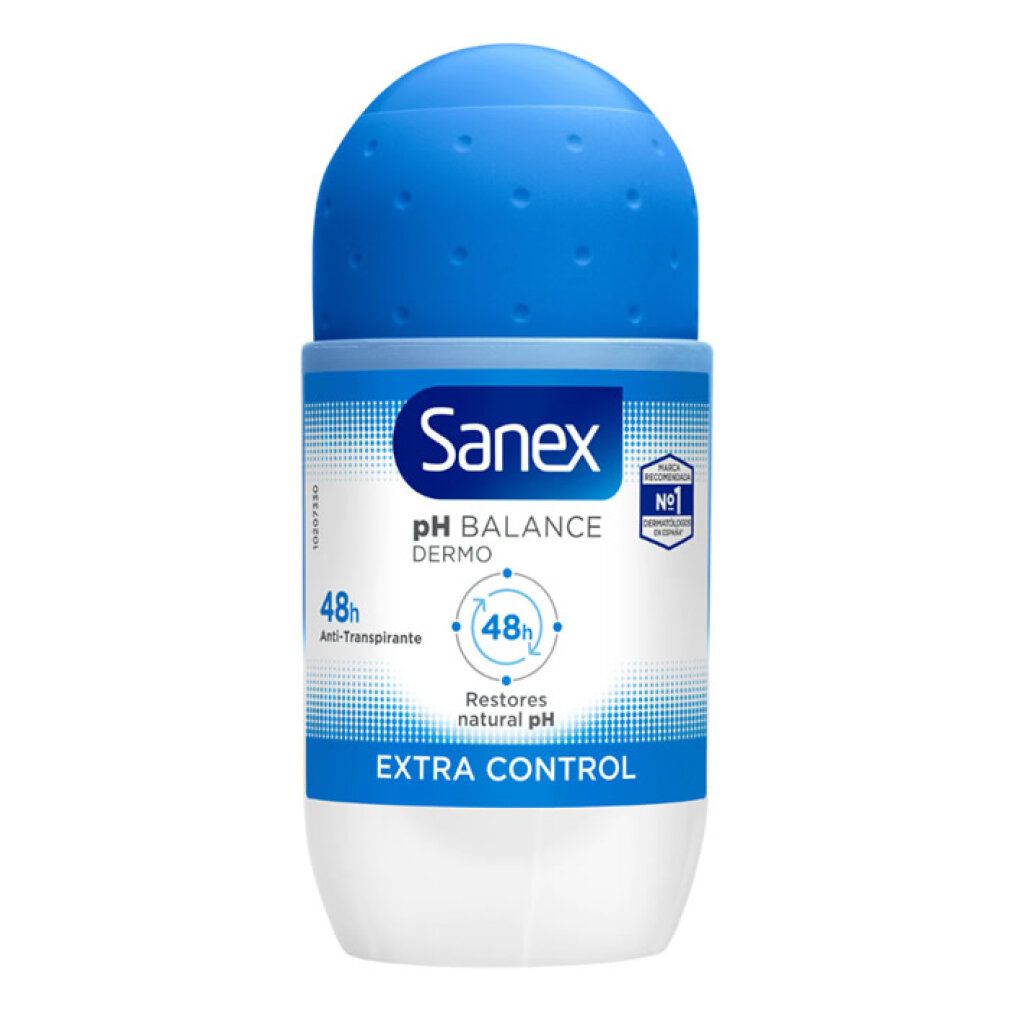 Sanex pH Balance Dermo Extra Control Roll-On. Blaue Kappe, weißer Behälter. Text: Extra Control, 48h.