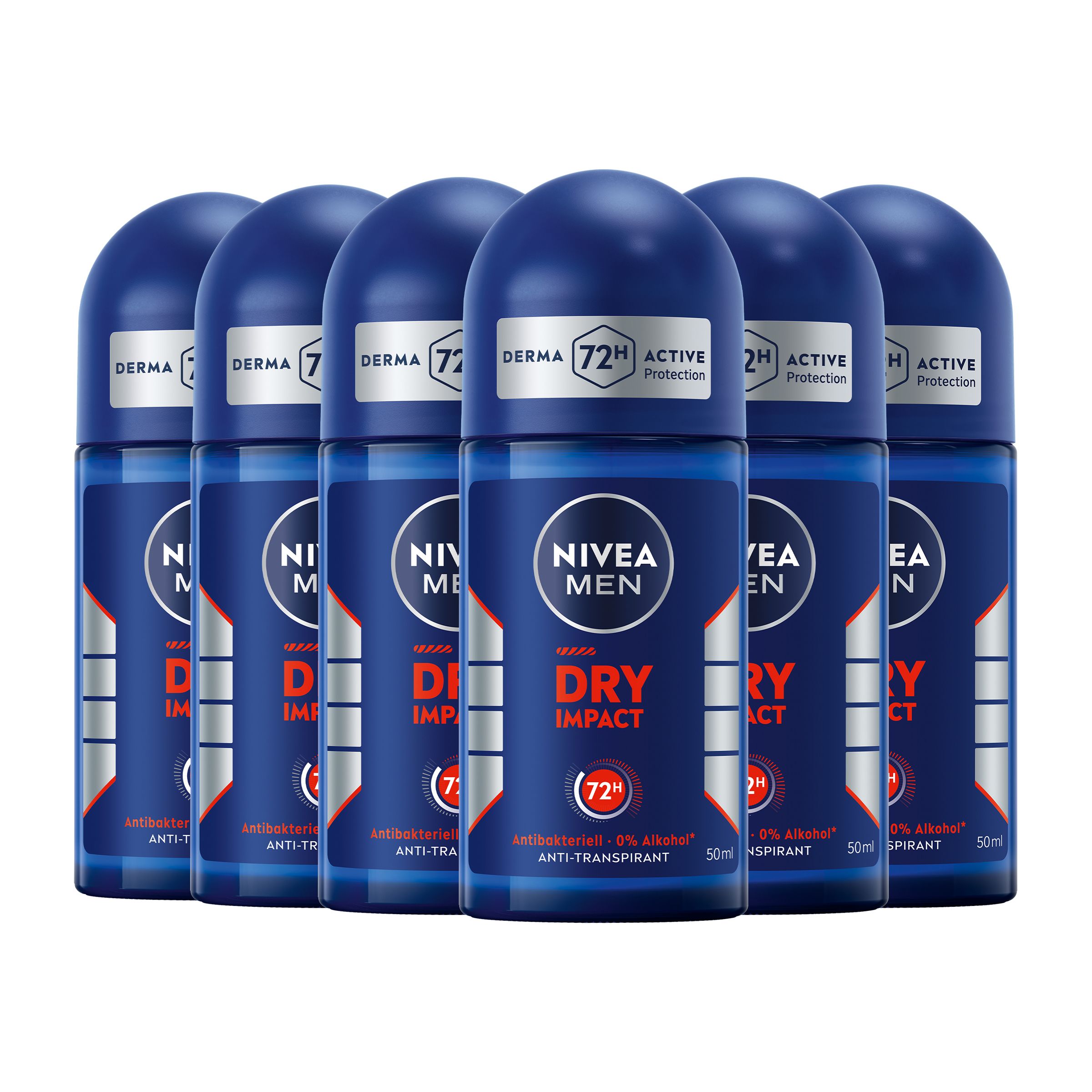 Sechs NIVEA MEN Dry Impact Deo Roll-Ons. Blaue Flaschen mit weißer Schrift. 72H Active Protection und Derma 7.
