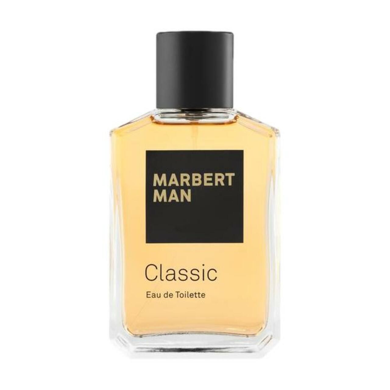 Parfümflakon mit schwarzem Deckel. Aufschrift: MARBERT MAN, Classic, Eau de Toilette. Schwarzes Etikett mit goldener Schrift.