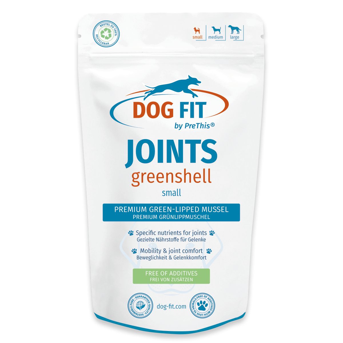 Weiße Tüte mit Produktaufdruck. Text: DOG FIT, JOINTS greenshell, Premium Grünlippmuschel. Logos und Informationen.