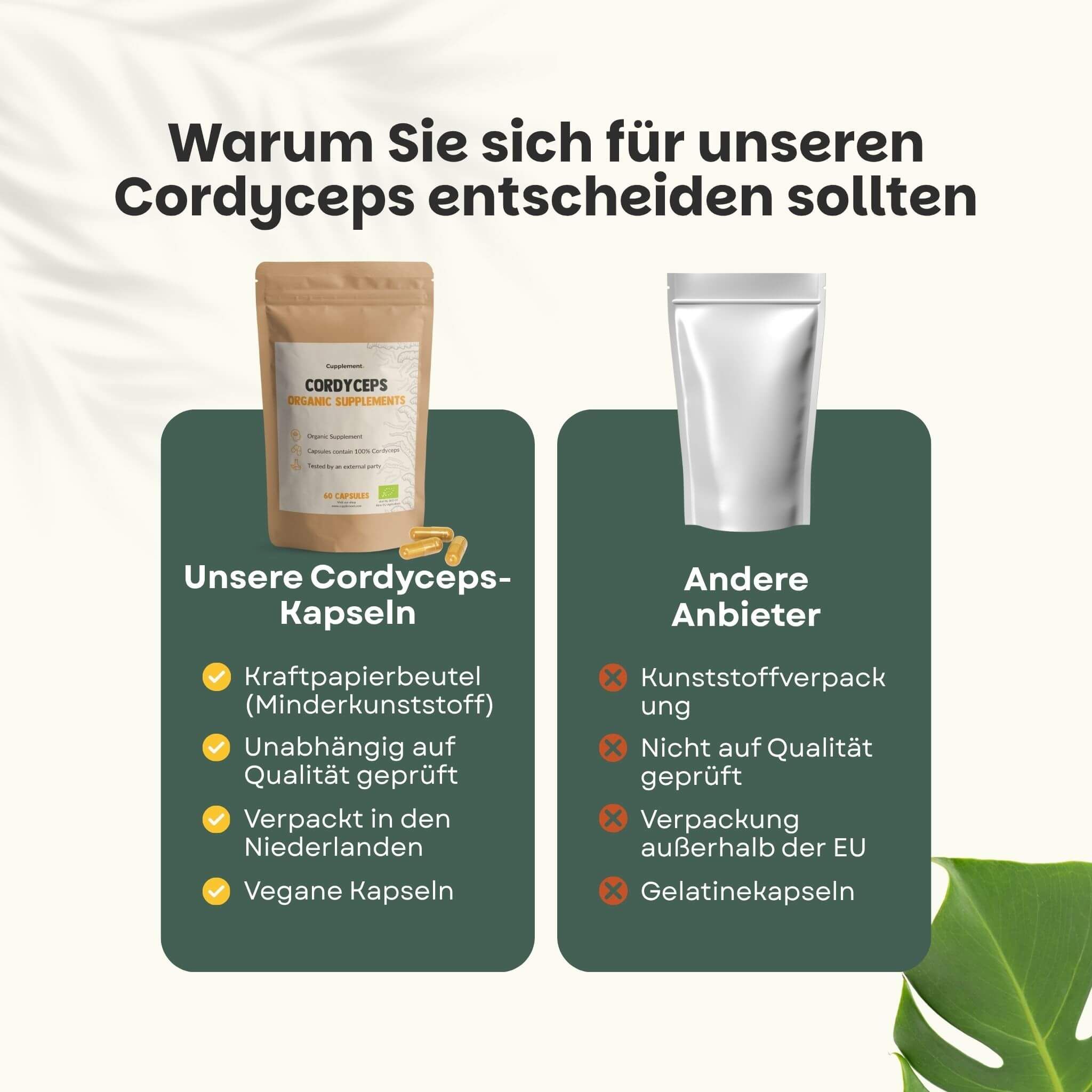 Vergleich: Cordyceps-Kapseln vs. andere Anbieter. Kraftpapierbeutel, unabhängig geprüft, vegane Kapseln. Andere: Plastikverpackung.