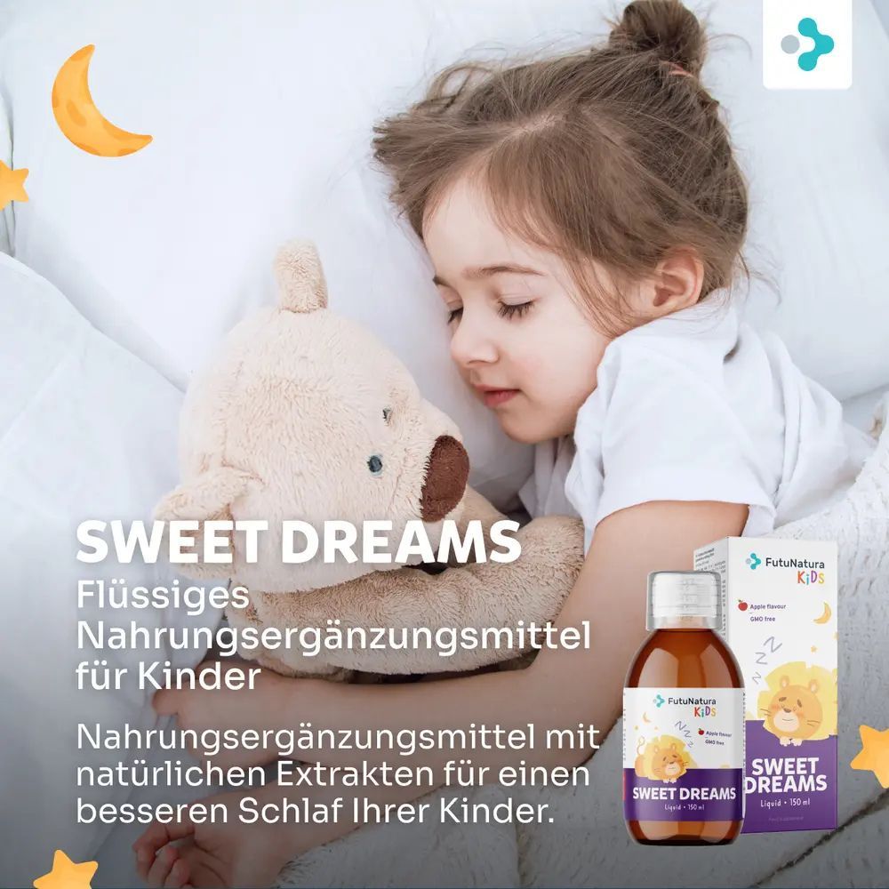 Kind schläft im Bett, neben einer Flasche und Verpackung. Aufschrift: Sweet Dreams. Flüssiges Nahrungsergänzungsmittel für Kinder.
