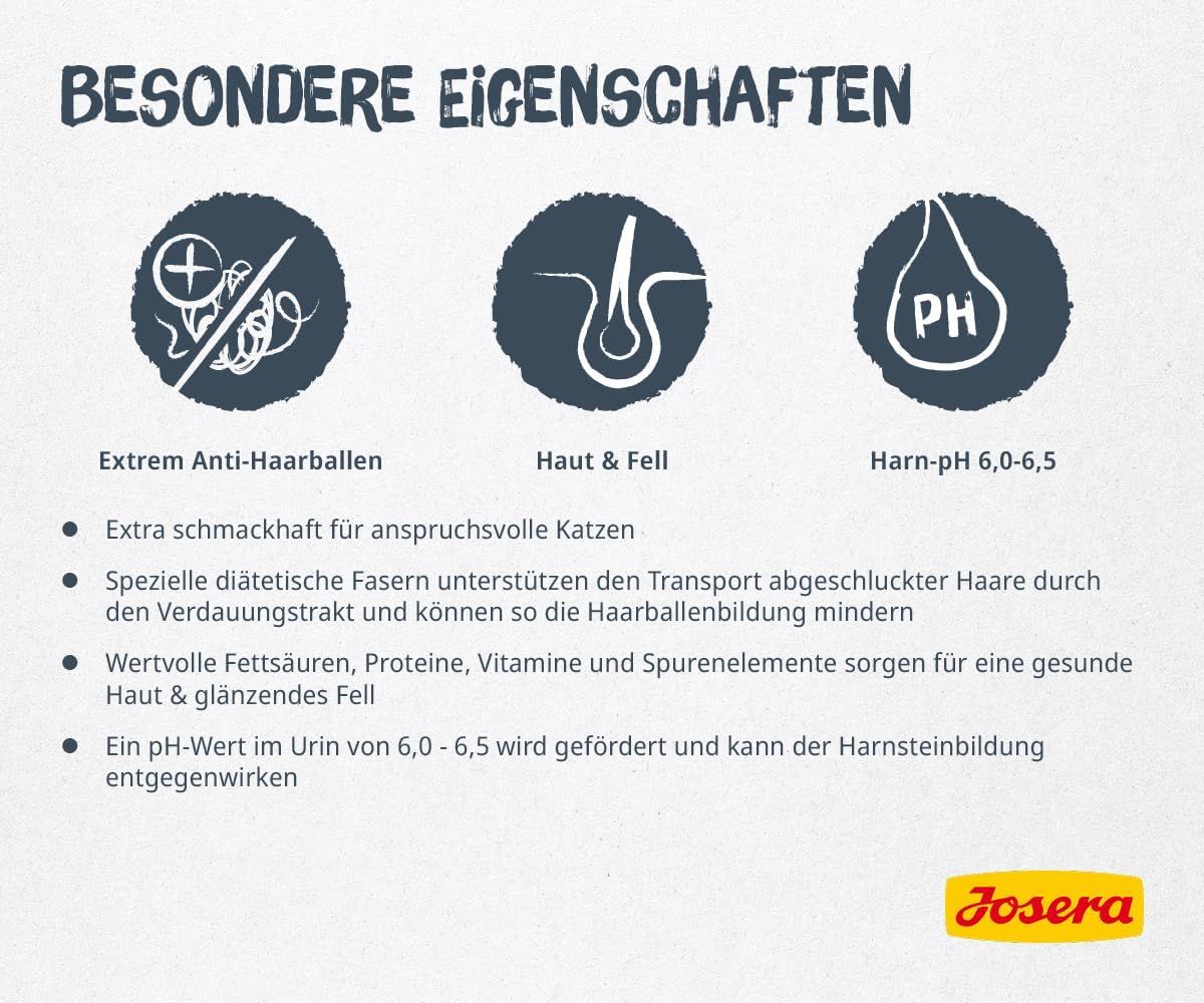 Josera Catelux Katzentrockenfutter: Besondere Eigenschaften wie Anti-Haarballen, Haut & Fell, Harn-pH.