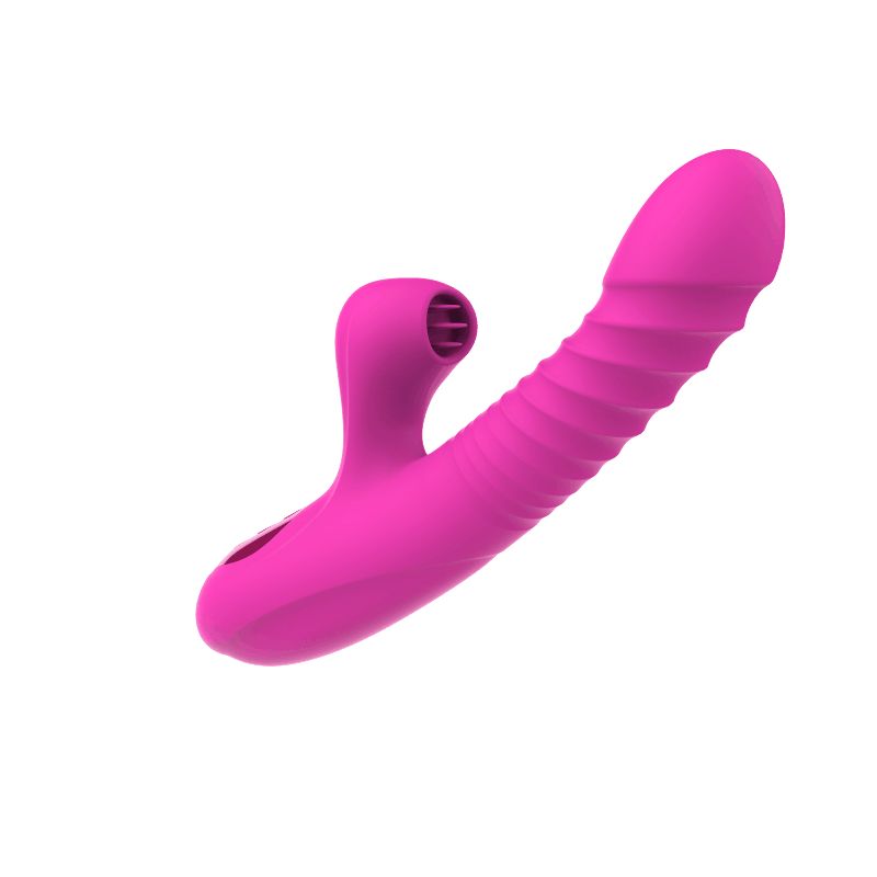 Pinkfarbener Vibrator mit geriffelter Oberfläche und Zungenaufsatz. Drei Knöpfe an der Basis.