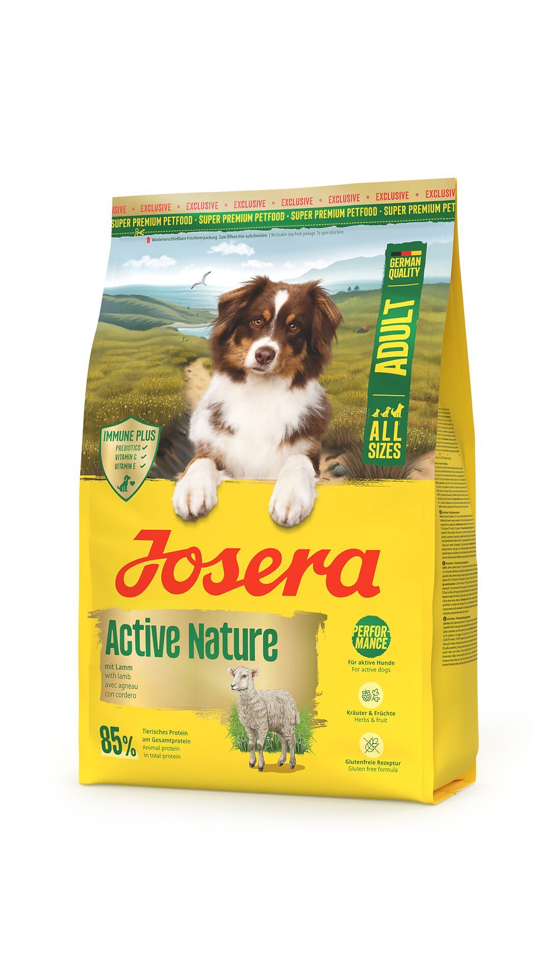Gelber Beutel mit "JOSERA Active Nature"-Aufdruck. Ein Hund und ein Lamm sind abgebildet. Text: "ADULT", "Alle Größen".