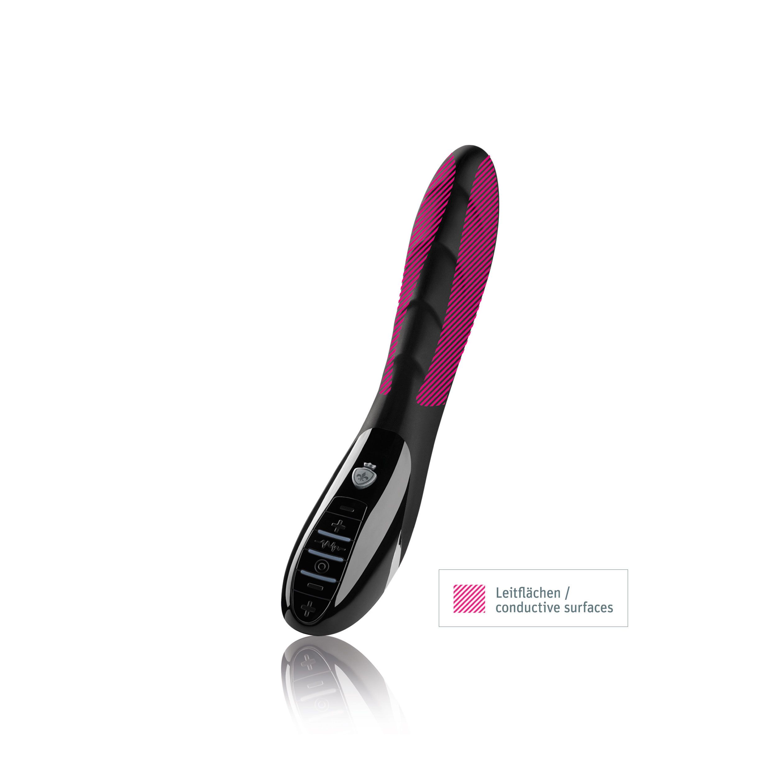 Wellness-Produkt mit pinkfarbenen Leitflächen. Schwarzes Produkt mit pinkfarbenen Akzenten.