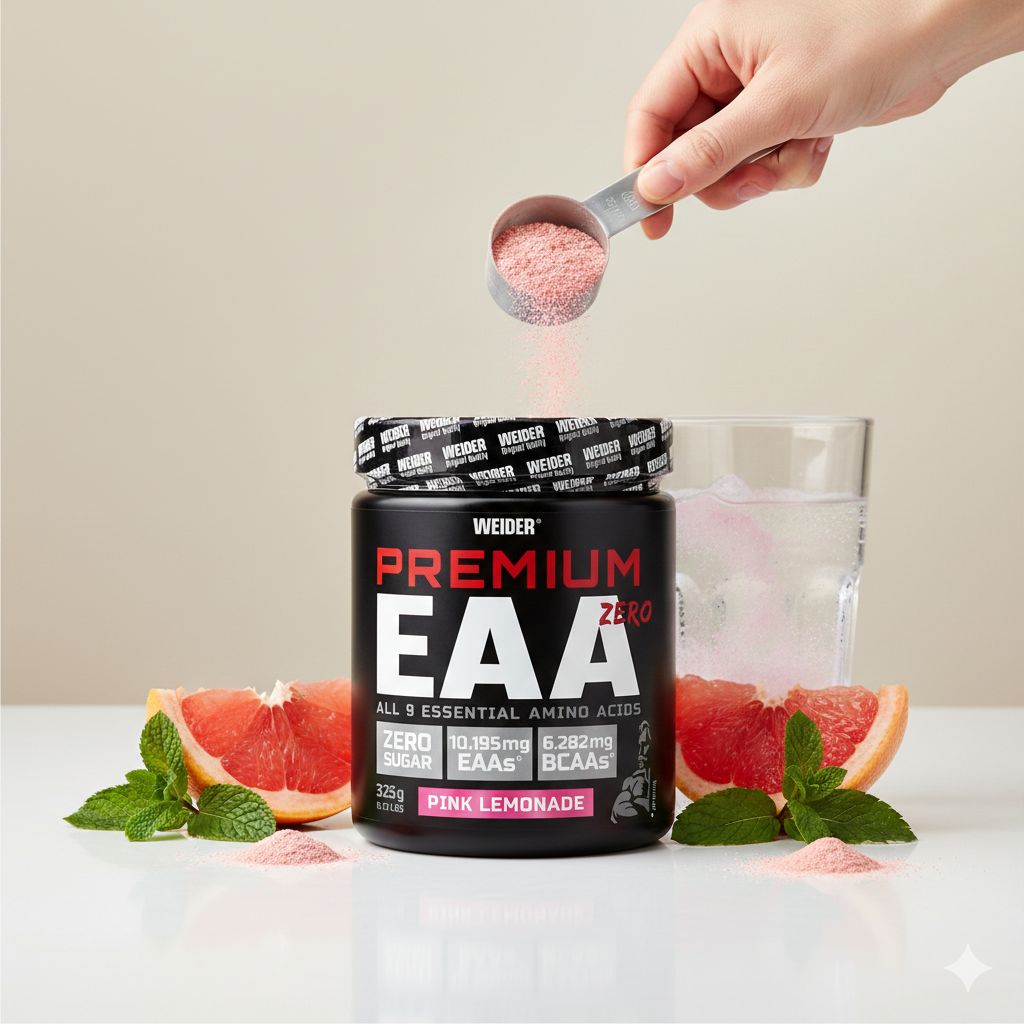 Weider Premium EAA Zero Pink Lemonade Dose mit Glas, Grapefruitstücken und Minze. Pulver wird in Glas geschüttet.