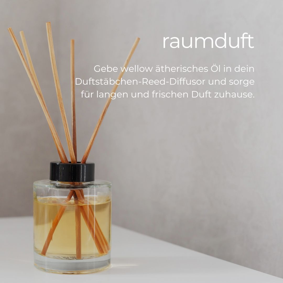Glasdiffusor mit Holzstäbchen. Text: Raumduft.