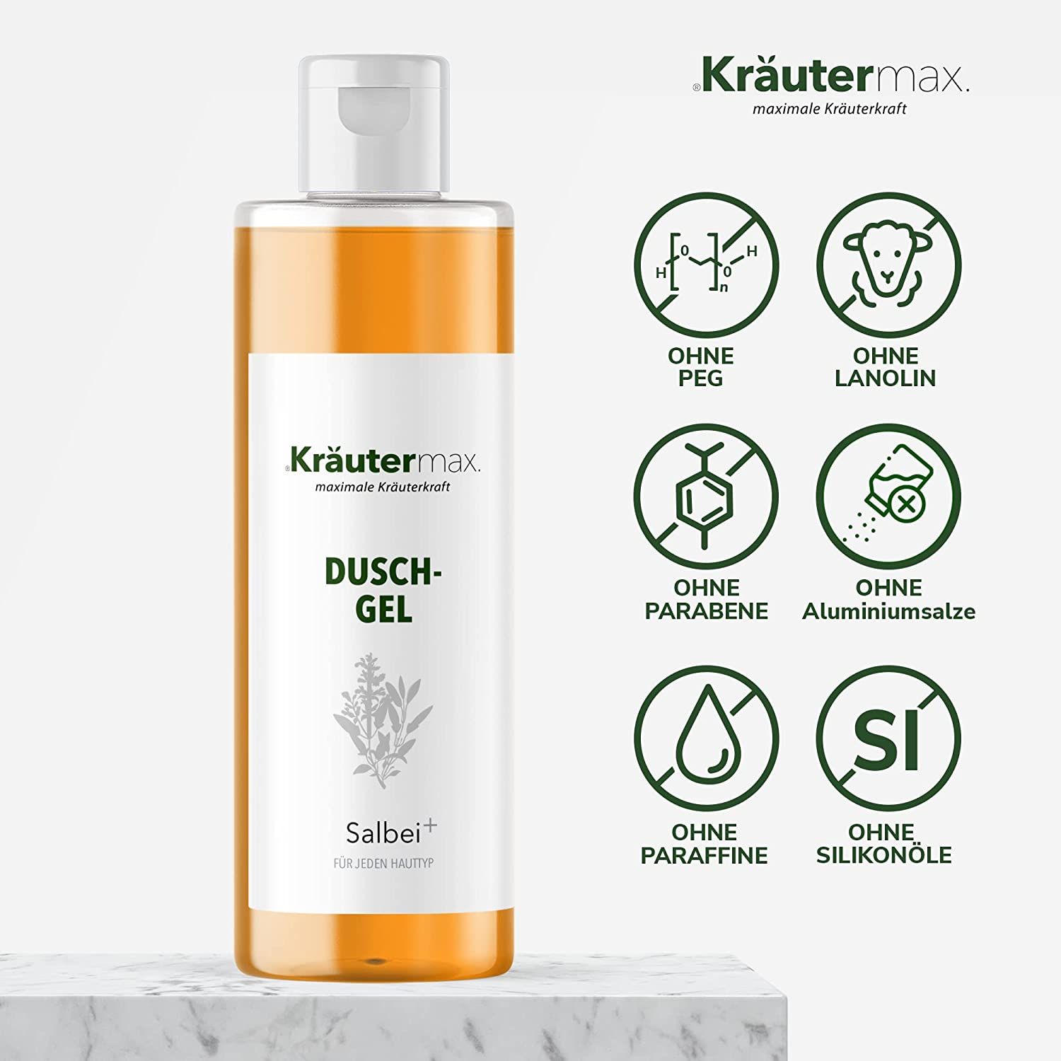 Kräutermax Duschgel Salbei plus in transparenter Flasche. Etikett mit Produktnamen, Salbei-Illustration und Symbolen für Inhaltsstofffreiheit: PEG, Lanolin, Parabene, etc.