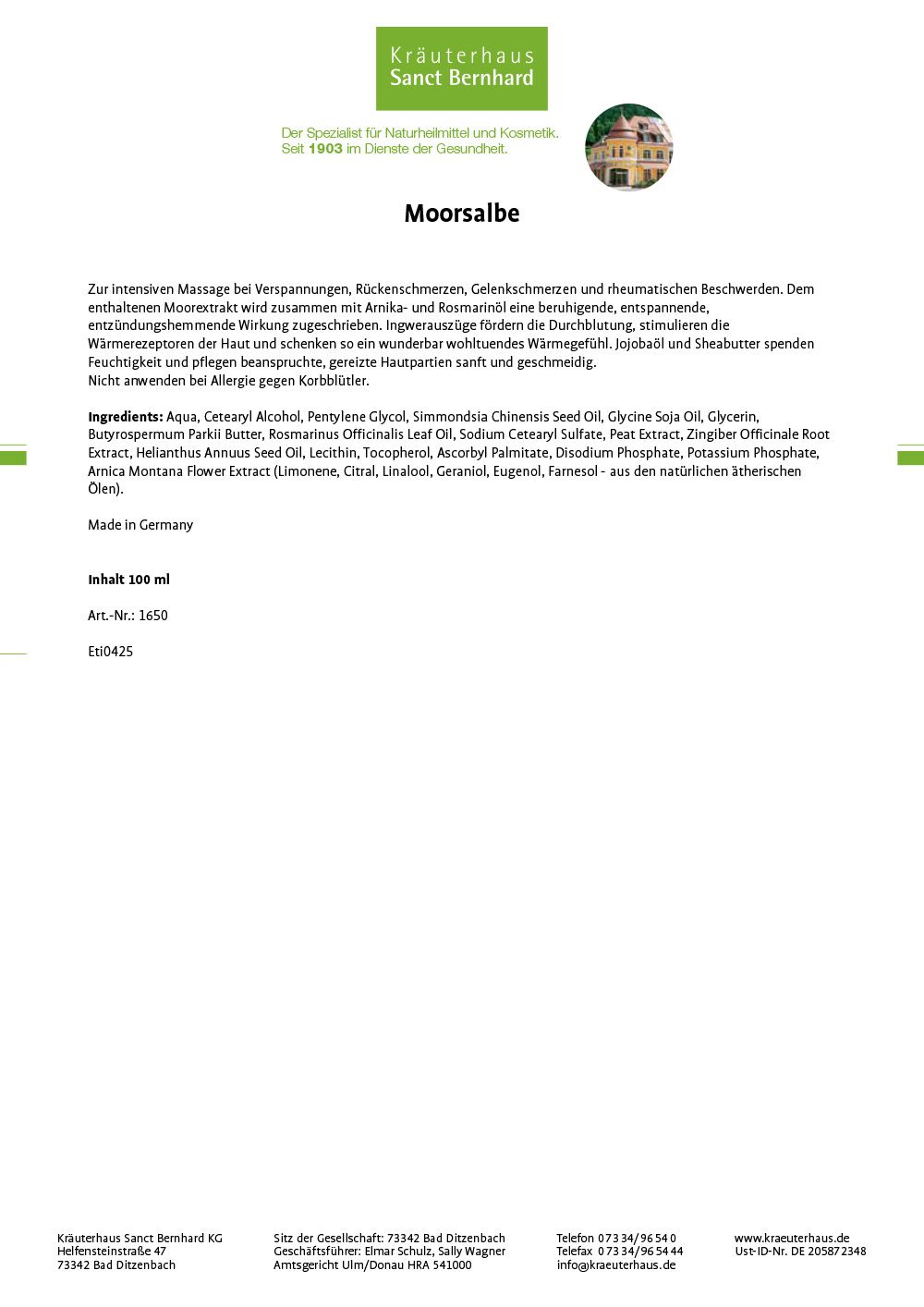 Sanct Bernhard Moorsalbe mit Arnika, Rosmarin, Ingwer & Jojobaöl