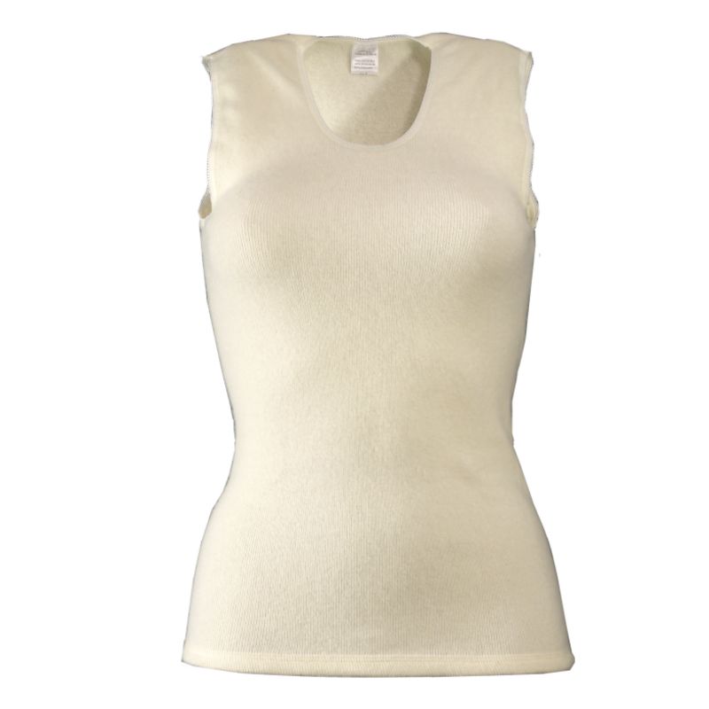 Cremefarbenes Damenunterhemd ohne Arm. Rundhalsausschnitt. Angora-Material. Etikett am Nacken.