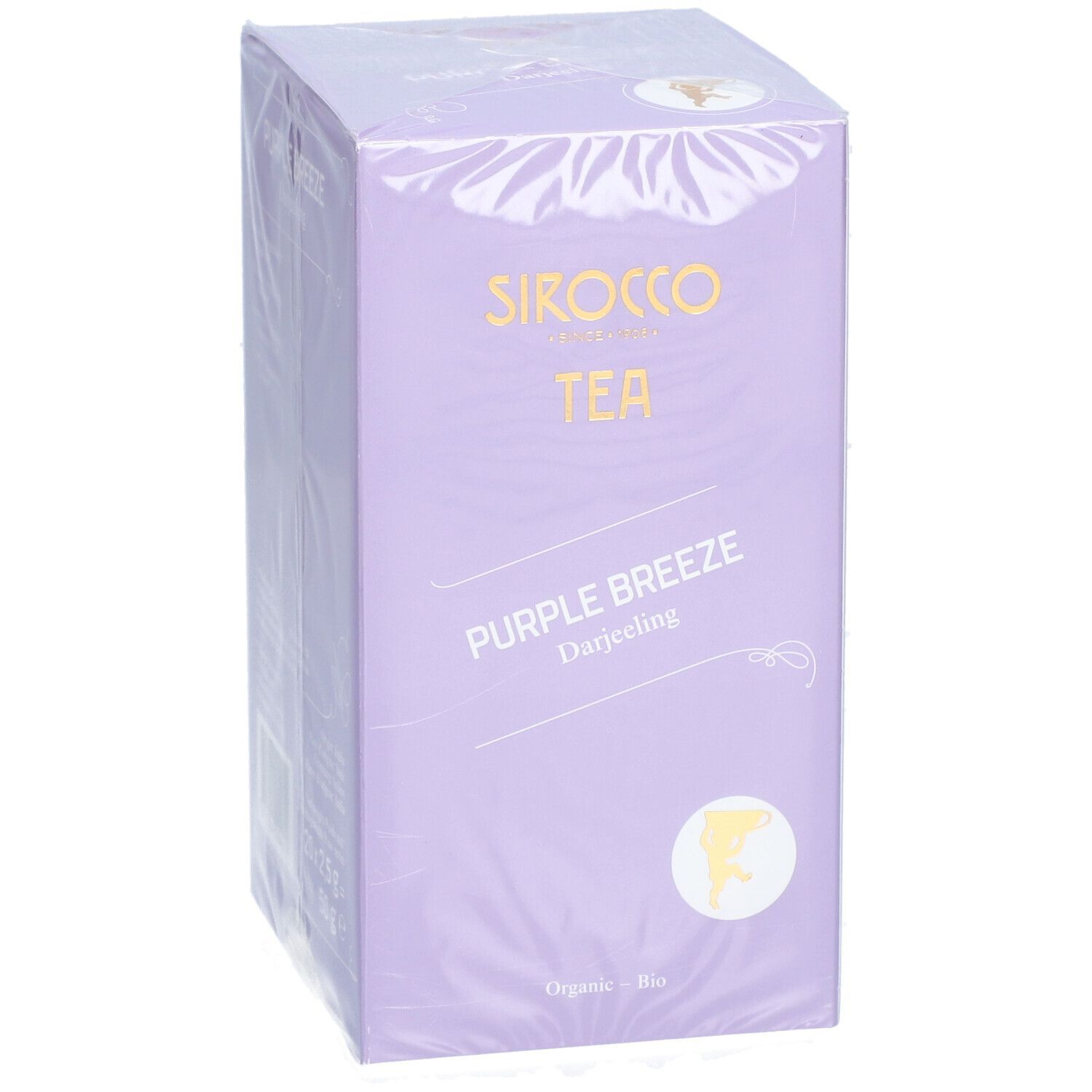 Lila Teebox mit "Sirocco Tea Purple Breeze Darjeeling". Verpackung mit Siegel.
